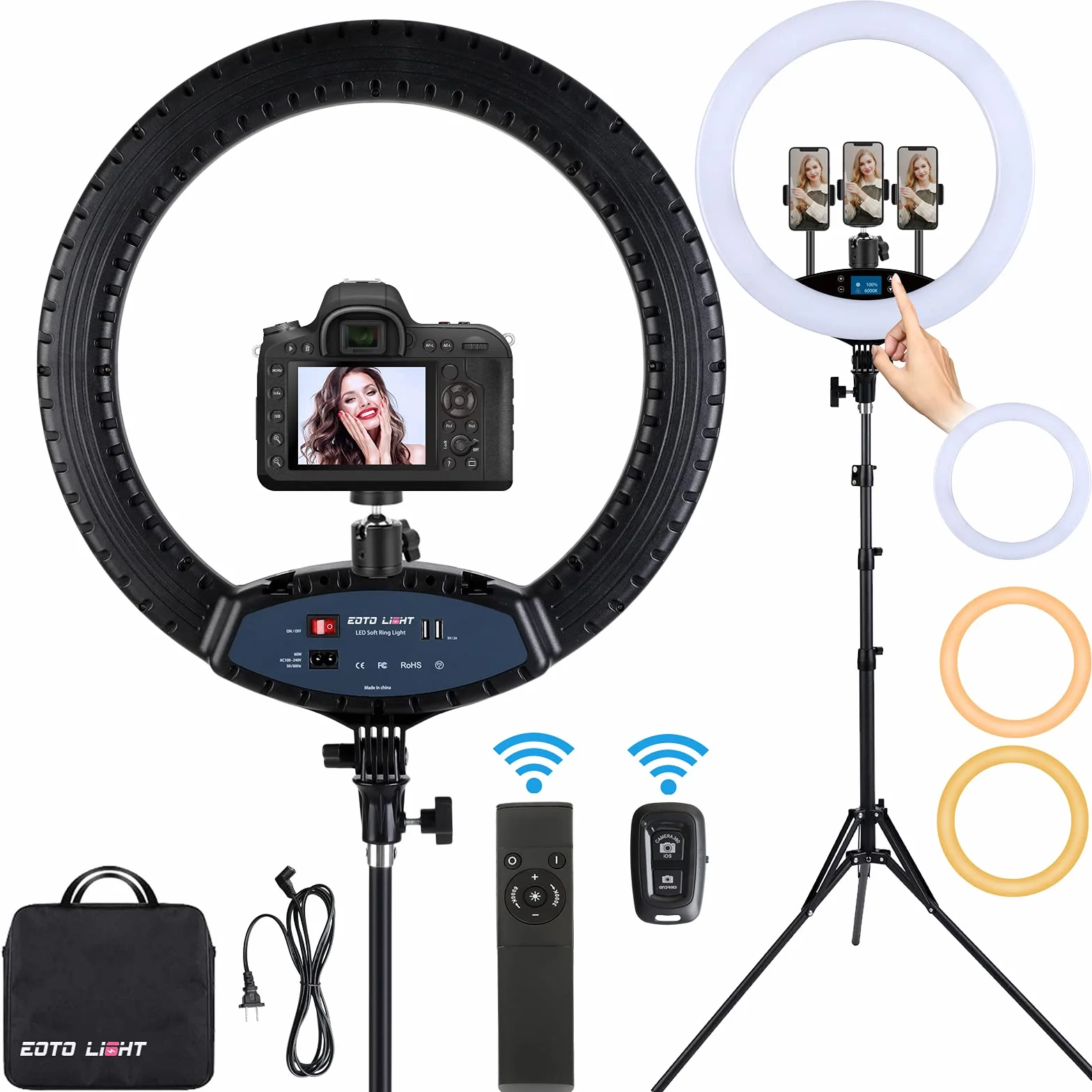 Anillo de luz LED de 19 Pulgadas con Soporte para trípode, Anillo de luz para Selfie, Pantalla táctil LCD, luz para Video Vlog de Retrato de Estudio con Bolsa de Transporte y Control Remoto, CRI>97
