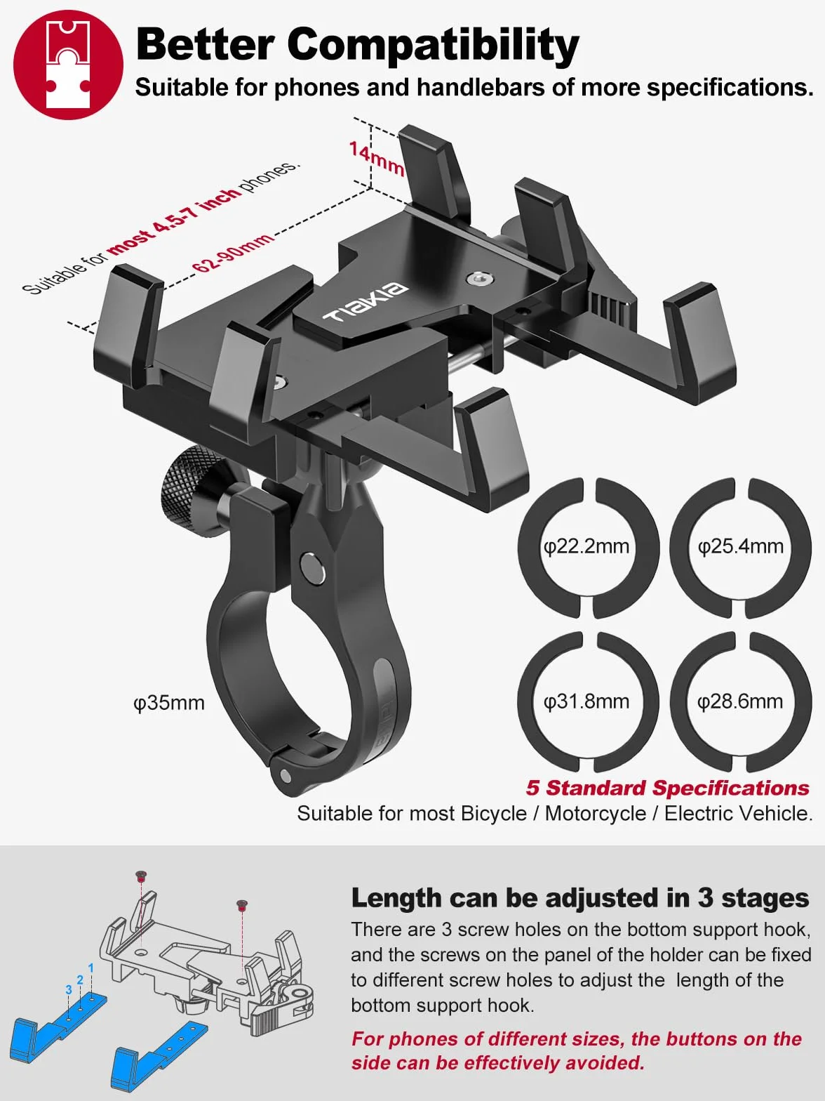 Tiakia Soporte Móvil Bicicleta Universal Manillar 6 Garras 360° Rotación Aleación Aluminio 4.5-7"