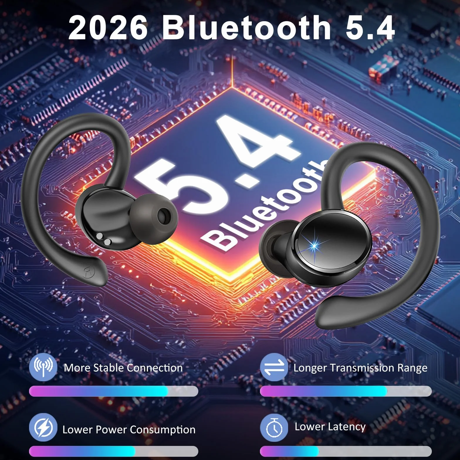 2026 Nueva Auriculares Inalambricos Deportivos, Auriculares Bluetooth 5.4 HiFi Estéreo con 4 HD Mic, 50H Cascos Inalambricos Bluetooth con Cancelacion Ruido ENC, Pantalla LED/IP7 Impermeable Cascos