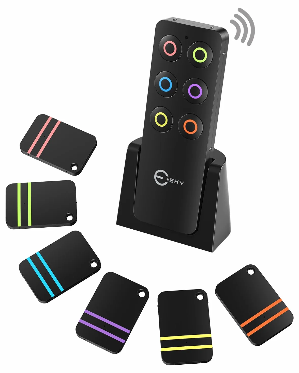 Esky Localizador de Llaves, Buscador de Llaves ES-KF02 Localizador Inalámbrico de Llaves con Base de Soporte y LED Control Remoto 1 Radio Frecuencia Transmisor 4 Receptores-Negro