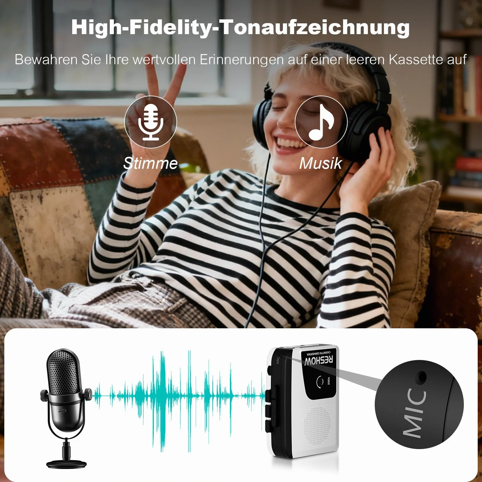 Reshow Grabadora de casete portátil USB a MP3, grabación inversa, micrófono integrado, altavoz, auriculares (blanco)
