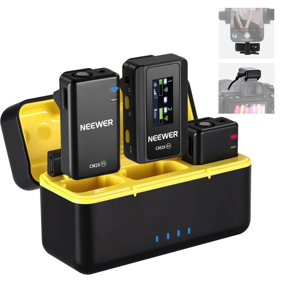 NEEWER CM28 Micrófono Lavalier Inalámbrico,Cancelación Ruido Inteligente,Grabación 48KHz/16Bit 9hrs Autonomía,Alcance 200m 4GB Almacenamiento para iPhone Android Cámara,1 RX + 2 TX + + Estuche Carga