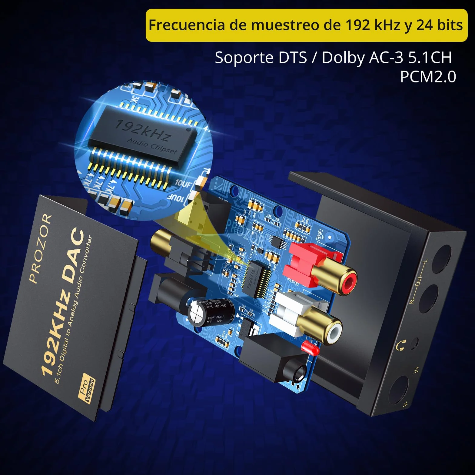 PROZOR Convertidor DAC 192kHz 5.1CH Óptico a RCA con Volumen Ajustable Toslink a RCA Analógico L/R para HDTV Blu-ray DVD PS3