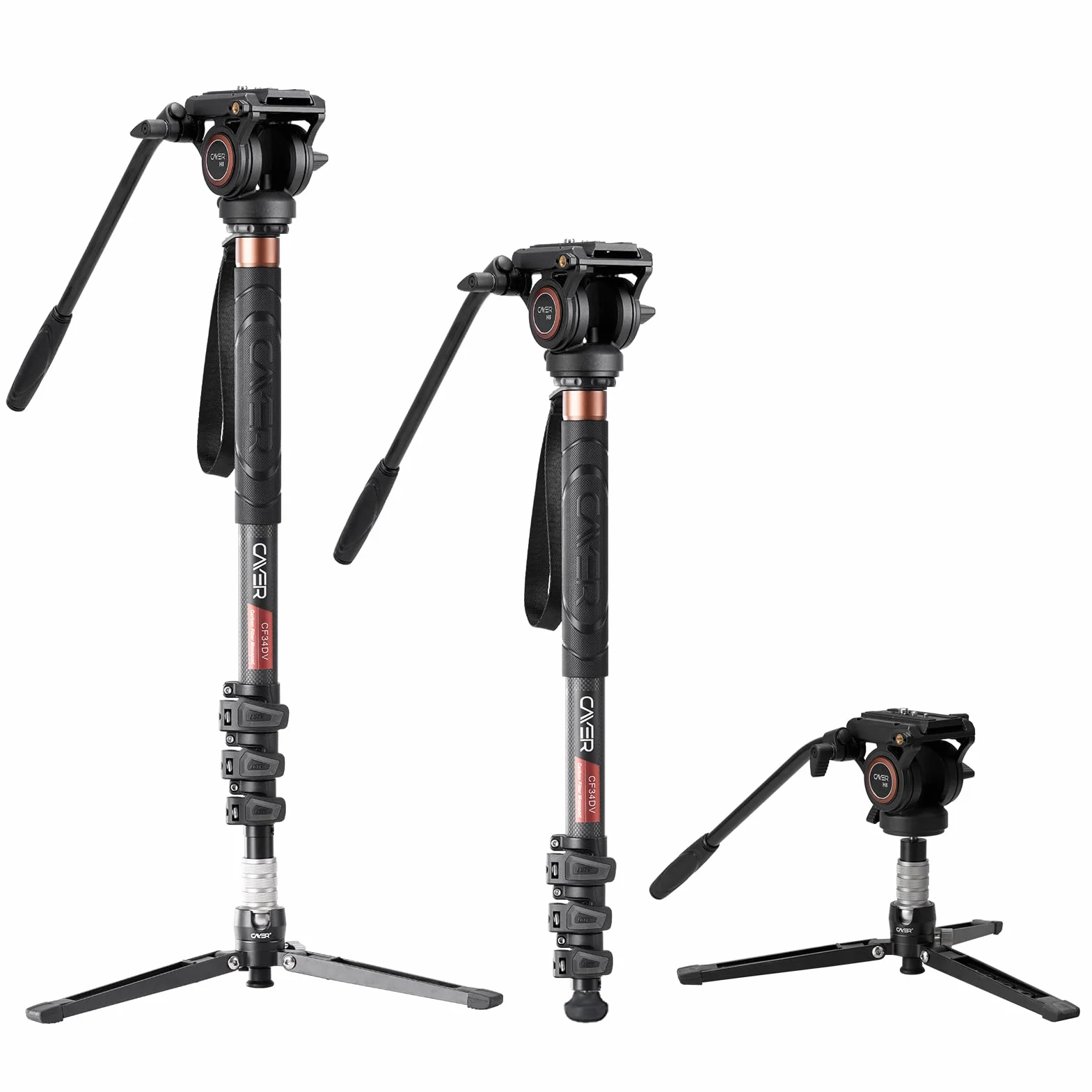 Cayer CF34DV Monopod para Video Profesional Cámara telescópica de Fibra de Carbono de 71 "Monopod con Cabezal de Movimiento de inclinación Horizontal y Base de trípode de 3 Patas