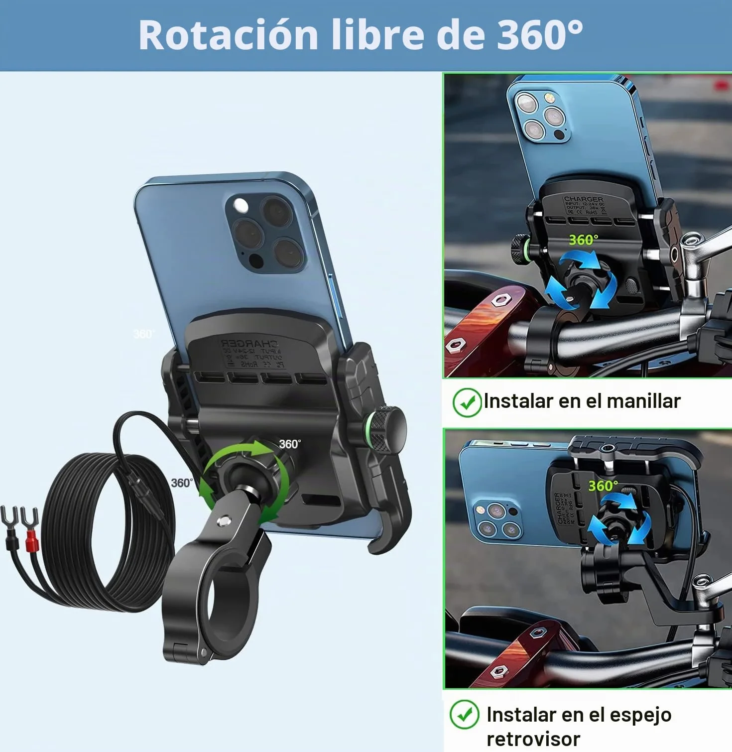 iMESTOU Cargador de Soporte para Teléfono de Motocicleta USB con Enchufe para Manillar/Espejo Retrovisor con Soporte para Vehículos de 12/24V Compatible con Smartphones de 4 a 6,8 Pulgadas
