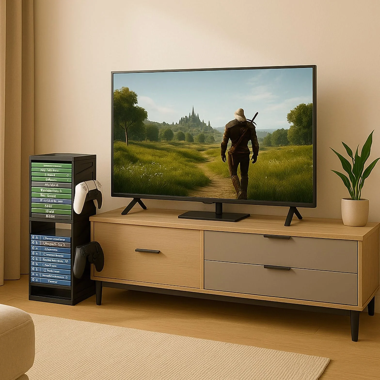 Soporte de torre de almacenamiento de juegos para PS5, PS4, Xbox Series X/S, Xbox One, Switch y discos Blu-Ray, organizador de 24 discos con controlador y ganchos para auriculares, ahorro de