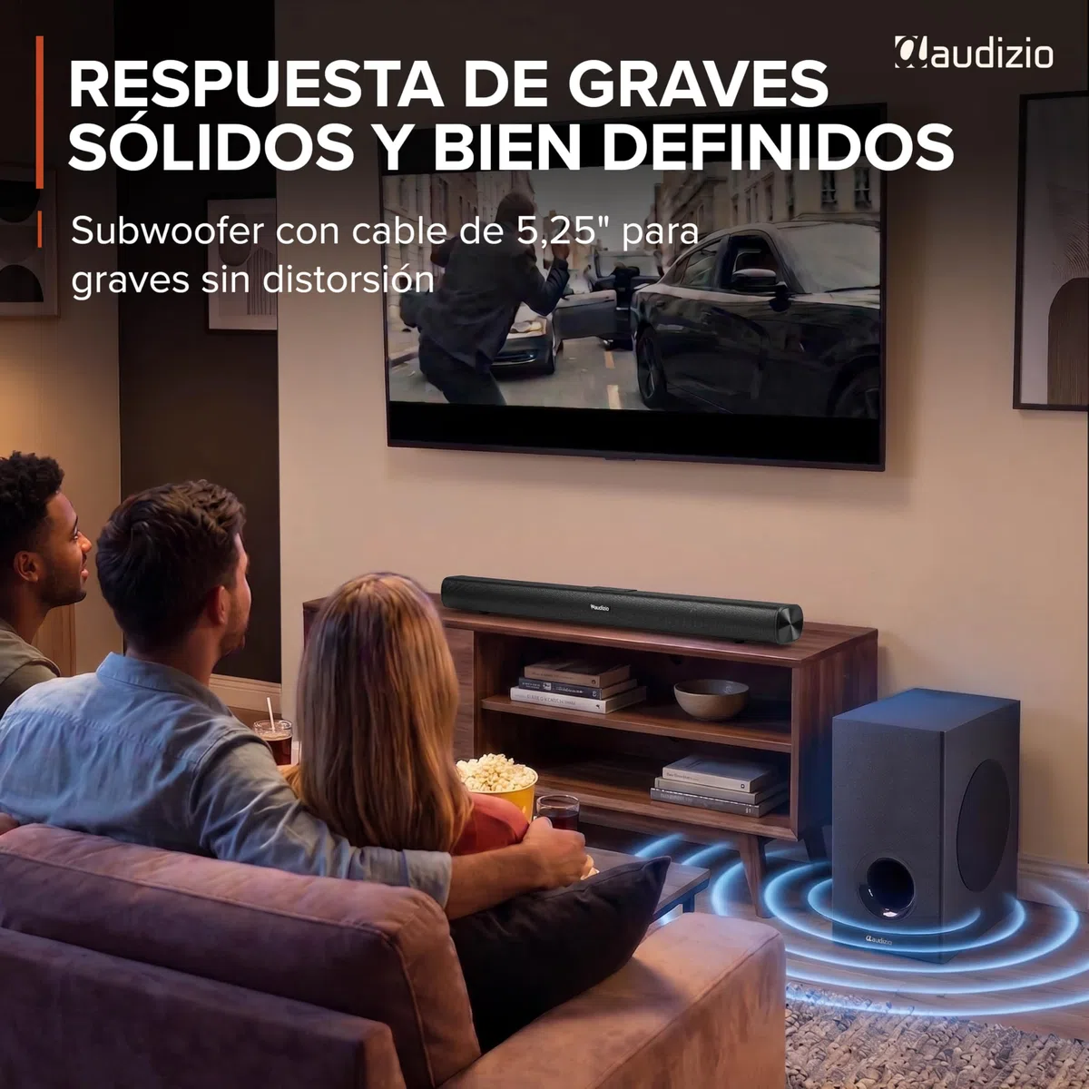 Audizio SB82S – Barra de Sonido 120W con subwoofer 5,25”, HDMI ARC, Bluetooth 5.3, USB y Entrada óptica, soundbar 80 cm para TV con Control Remoto y Montaje Pared, Color Negro