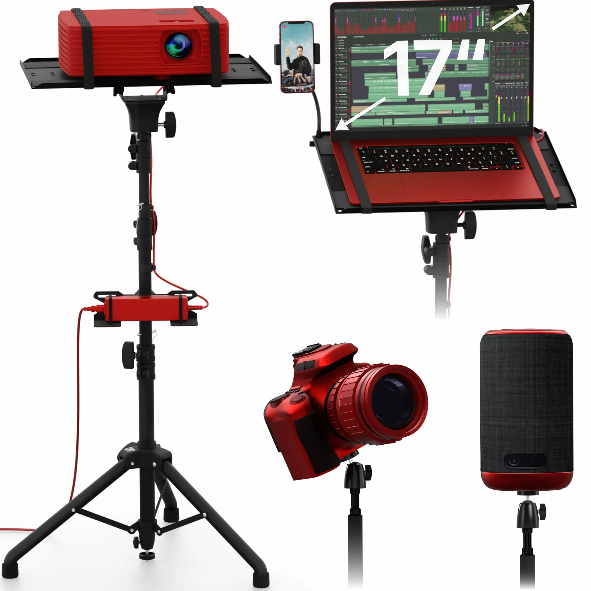 Soporte de trípode para proyector, ajustable de 68,6 a 157,4 cm, proyector de suelo portátil y soporte para ordenador portátil, cámara e iluminación, estante para DJ y soporte para música o películas