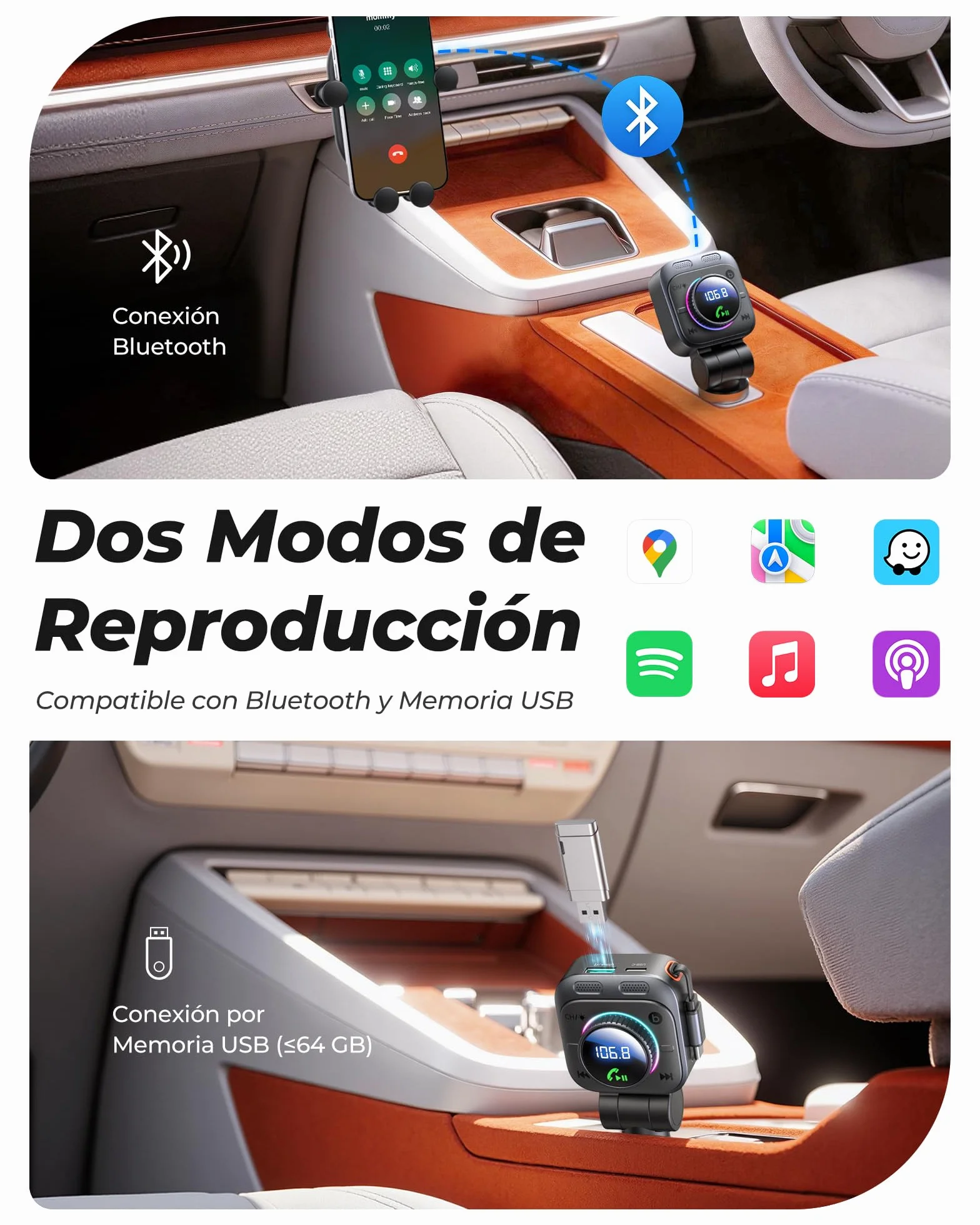 LENCENT Transmisor FM Bluetooth 5.4 con Carga Rápida 72W, Adaptador de Coche con Cable USB-C Extensible de 72 cm, Manos Libres con Graves Potentes, Reproductor de Música USB para Viaje por Carretera