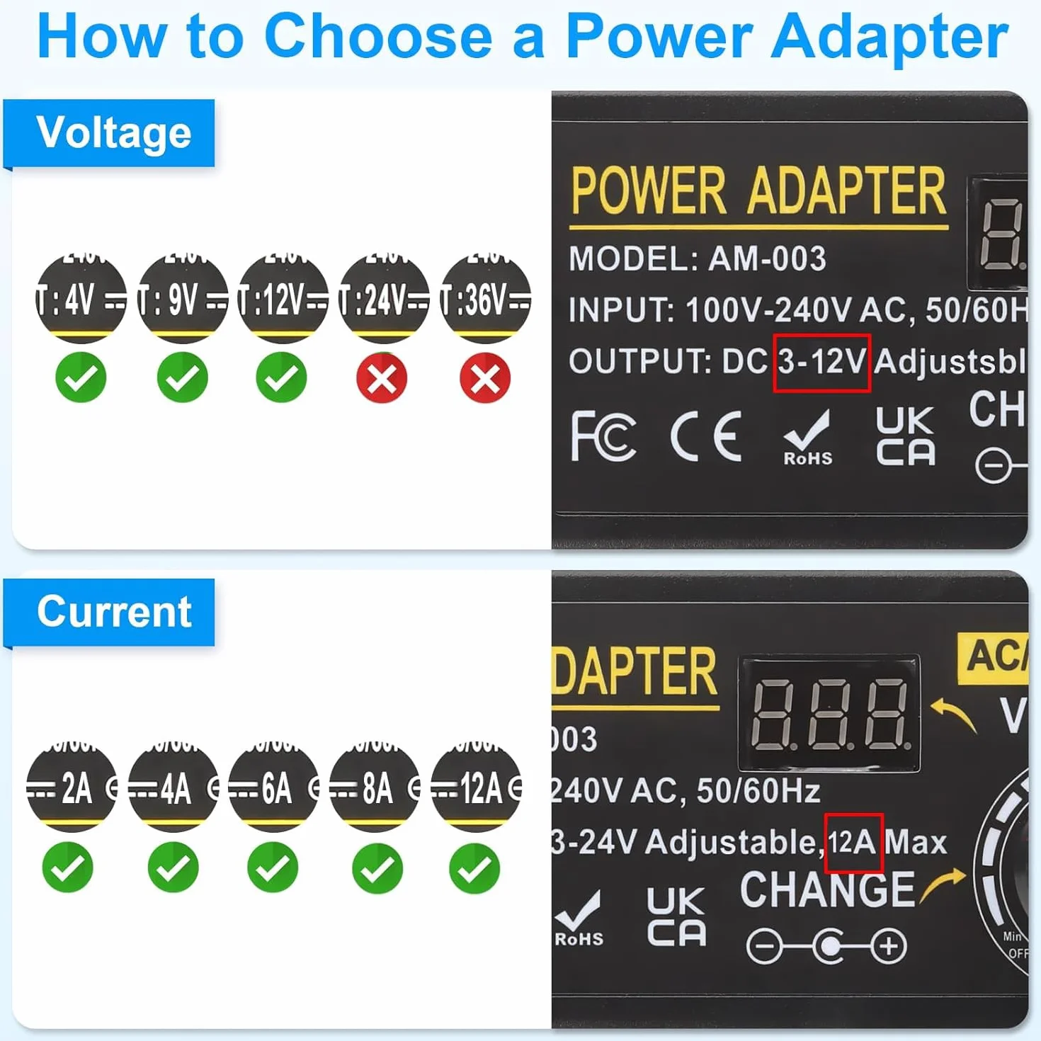 Adaptador Universal Ajustable de 100 V-240 V CA a CC 3 V-12 V 12 A, Adaptador de Corriente Ajustable con 14 Puntas y Cable de Polaridad