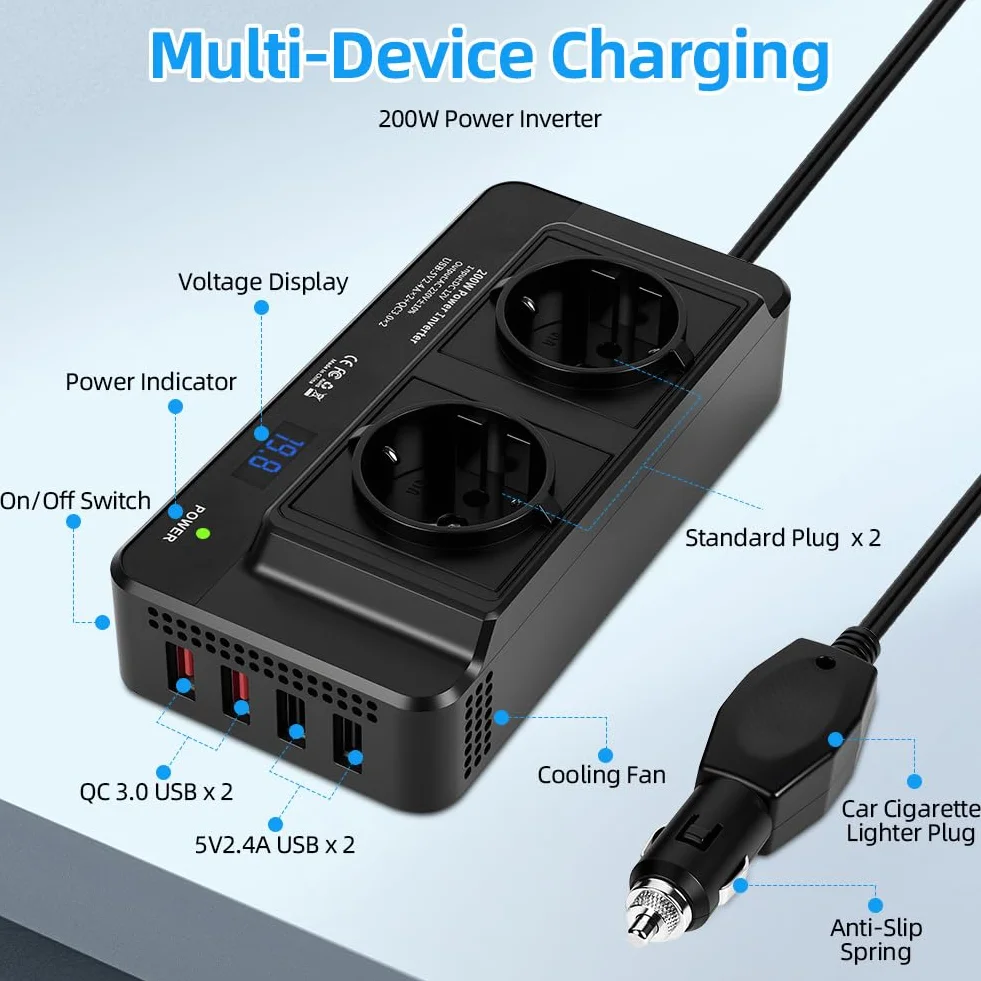 URAQT Inversor para Coche, Inversor de Corriente, Transformador de tensión DC 12 V a AC 230 V 200W con 4 Puertos USB y 2 enchufes UE-USB 3.0 y USB 2.0, Convertidor de Voltaje para Coche, Camping, RV