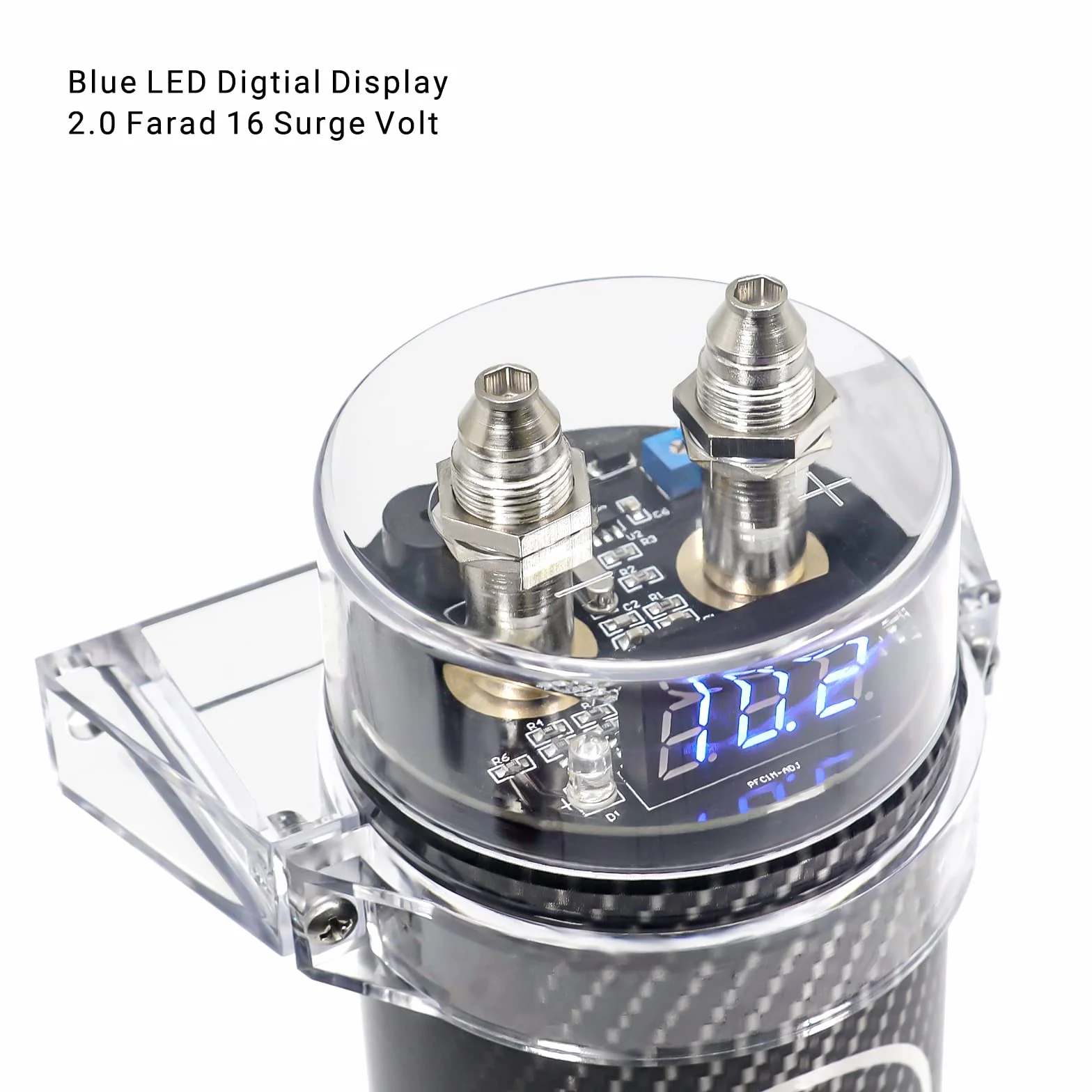 RECOIL R2D Condensador de 2.0 Faradios para Amplificador de Coche – Voltímetro Digital Azul, Almacenamiento de Energía para Sistemas de hasta 1200W