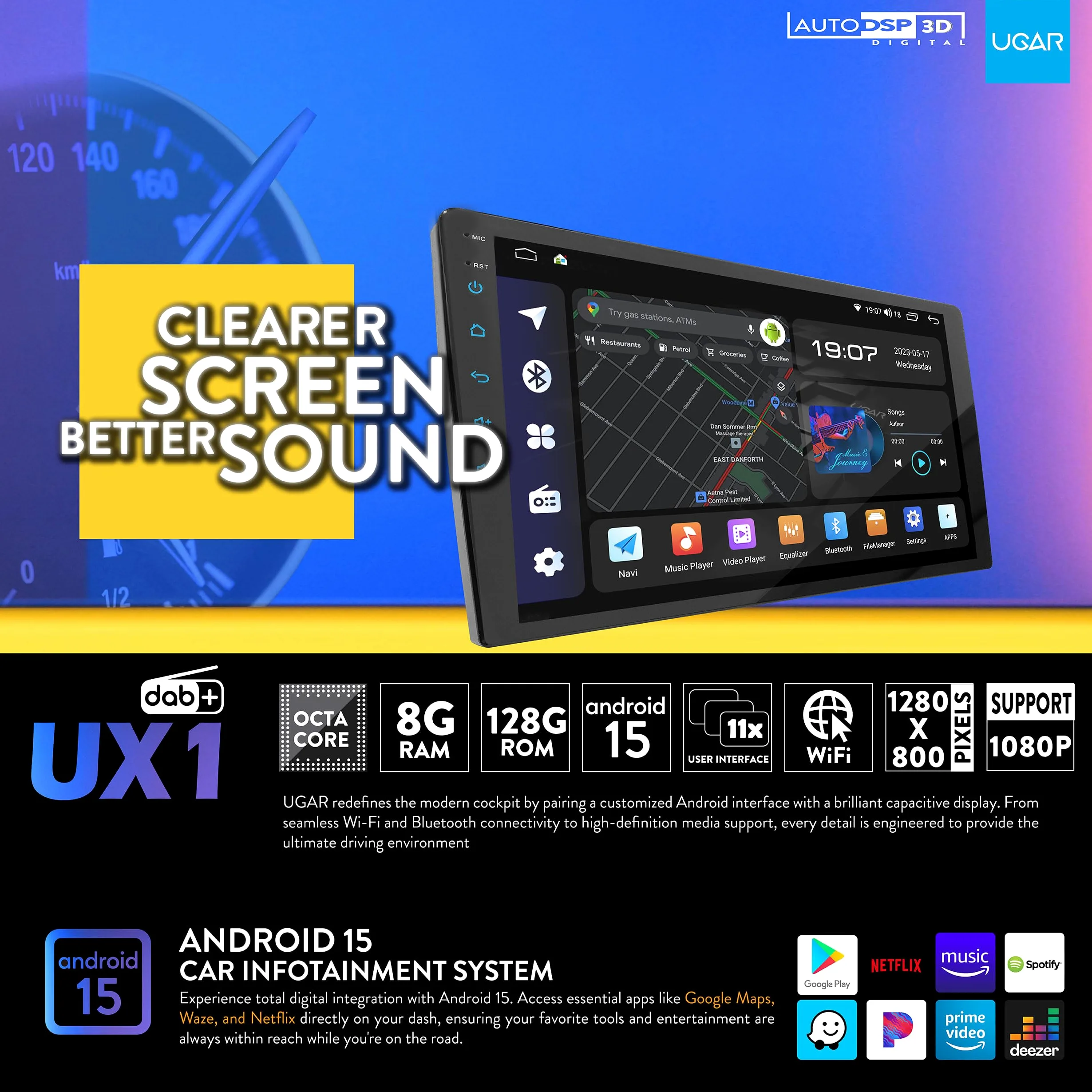 Autoestéreo UGAR Android 15 Compatible con Hyundai Tucson 2015-2018 9 Pulgada Radio con Pantalla táctil, CarPlay inalámbrico y Android Auto, 8 GB + 128 GB, Bluetooth, WiFi, DSP, Dab+, navegación GPS.