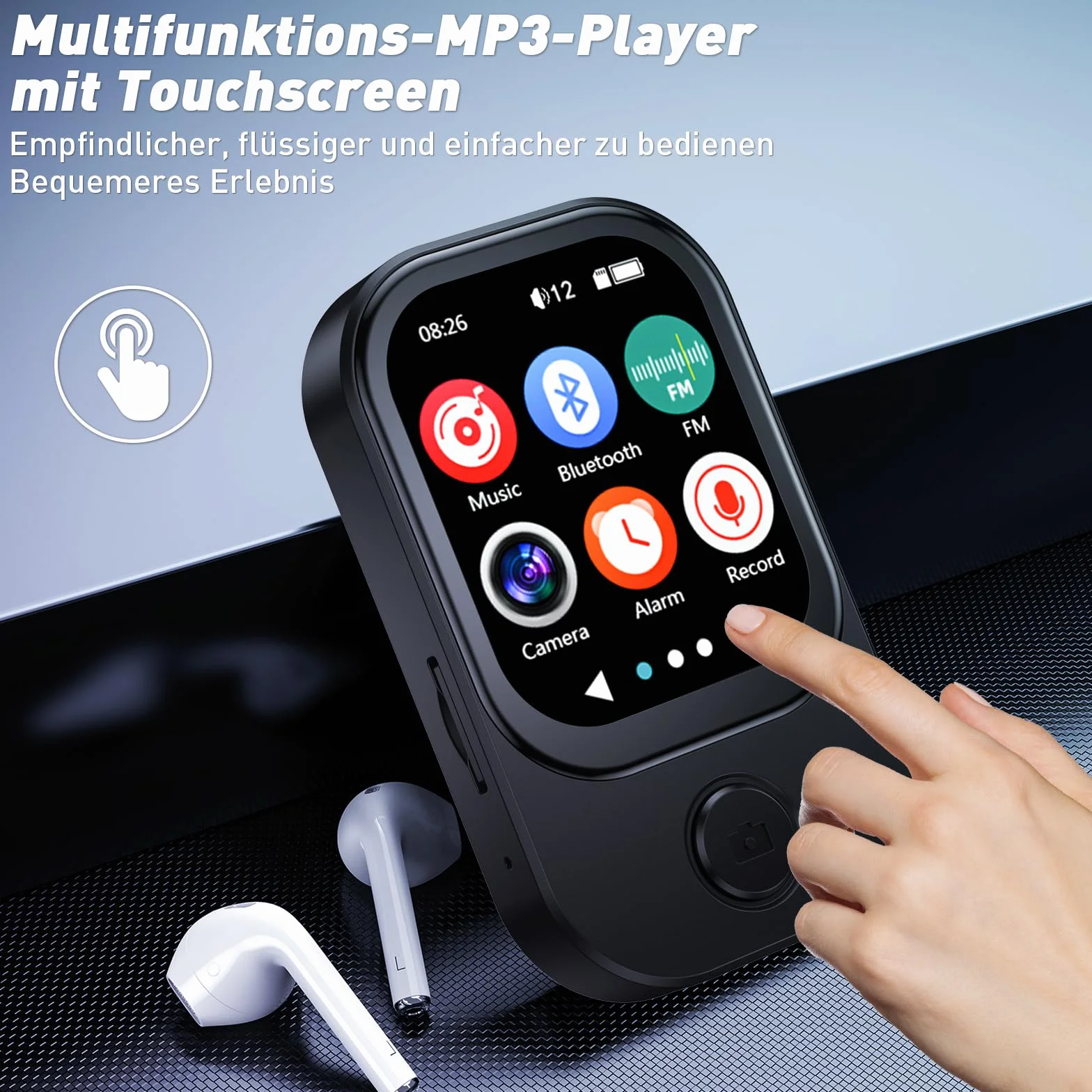 Reproductor MP3 Bluetooth 5.4 64GB Cámara Abatible 180° Altavoz HD Radio FM eBook Negro