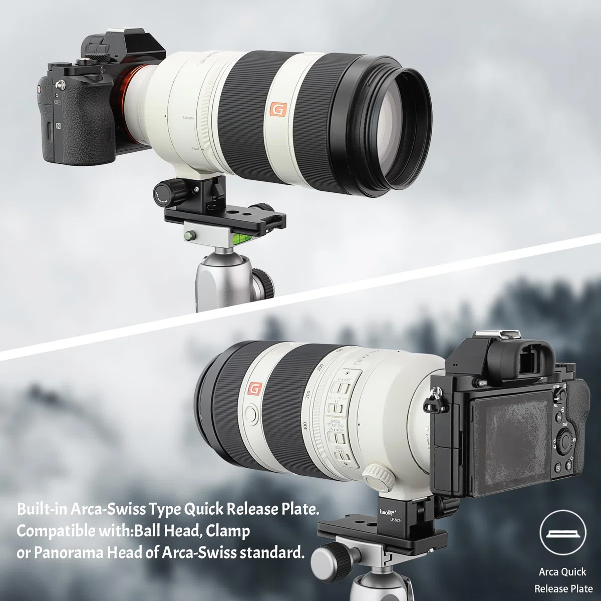 Haoge LF-S721 - Pie de repuesto de lente para Sony FE 70-200 mm F2.8 GM OSS SEL-70200GM y Sony FE 100-400 mm F4.5-5.6 FE 300 mm F2.8 GM OSS, soporte de anillo de montaje en trípode con placa suiza