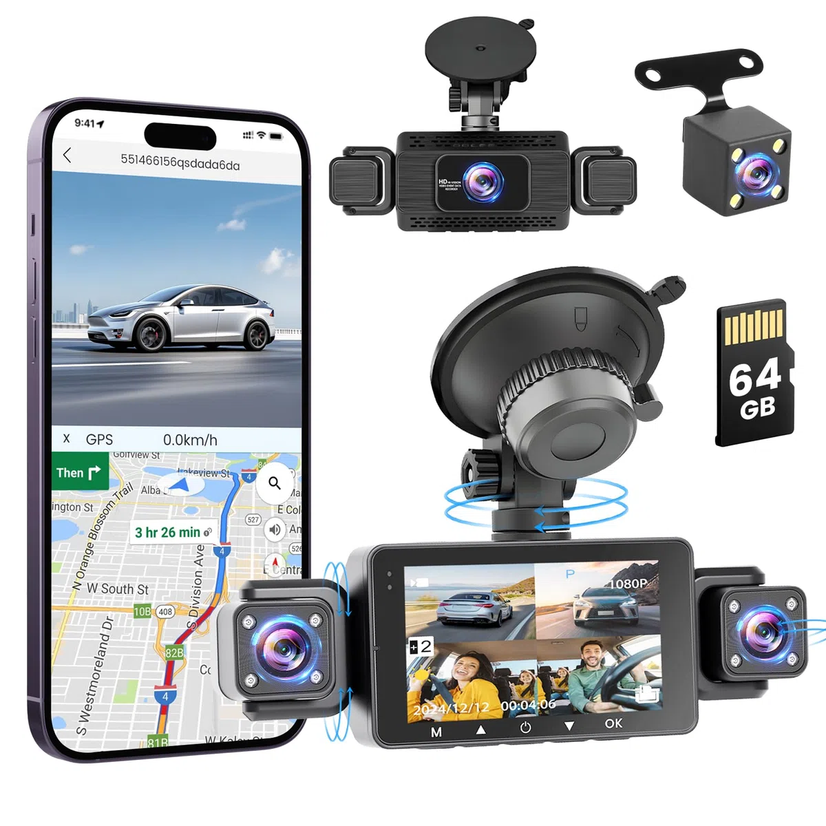 Roinvou 4K+1080P Dash CAM Coche, 5GHz WiFi Dashcam con Tarjeta SD 64GB, Camara Vigilancia Coche con 3″ IPS Pantalla, 170° Gran Angular, Grabación en Bucle, Sensor G,Visión Nocturna