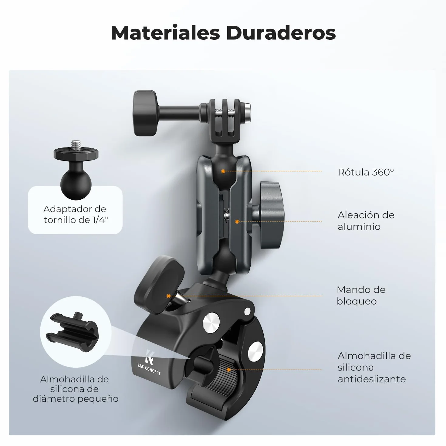 K&F CONCEPT Abrazadera para Cámara con Cabezal Doble 360° Soporte Manillar Bicicleta Motocicleta Compatible GoPro Hero 13/12 Insta360 X5/X4 Osmo Action 5 Pocket 3