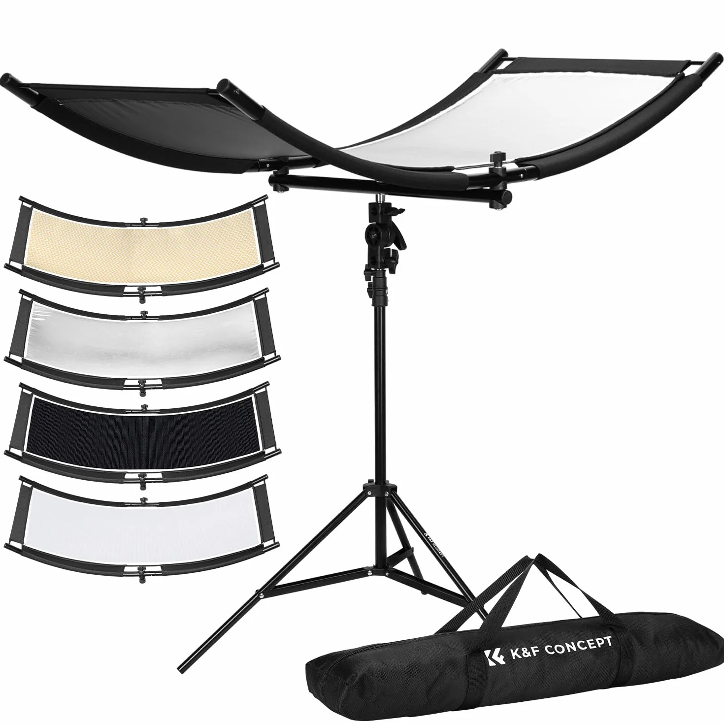 K&F CONCEPT U-Reflector Curvo 100x45cm con Reflector 4 en 1, Negro/Dorado/Blanco/Plateado, con Soporte de 1,5 m, con Bolsa de Almacenamiento, Adecuado para Estudios fotográficos