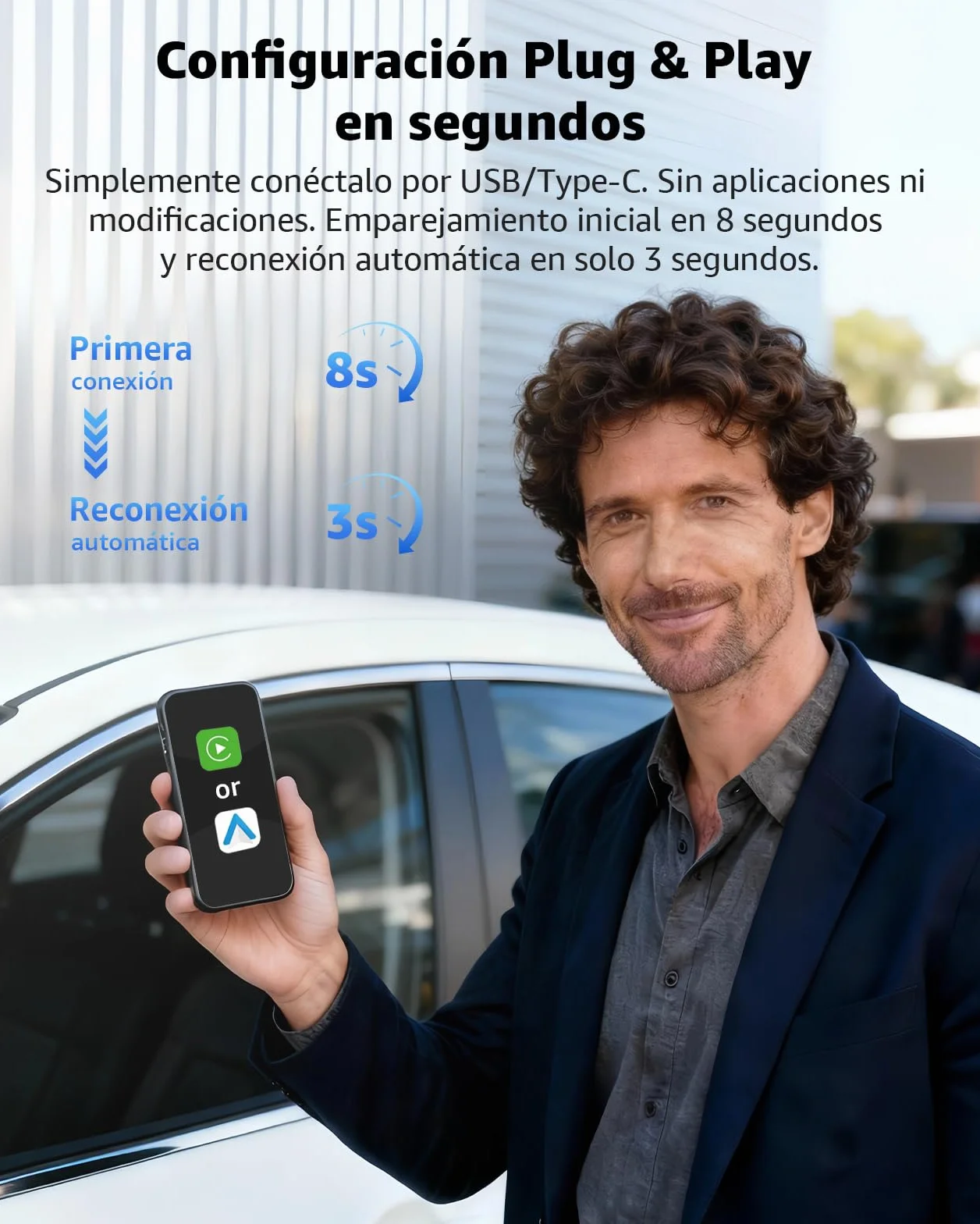 Adaptador CarPlay Inalámbrico y Android Auto, Mini Convertidor USB-A/USB-C Plug & Play, de Cable a Inalámbrico, Conexión Automática, WiFi 2.4GHz/5.8GHz, para Coches con CarPlay de Fábrica