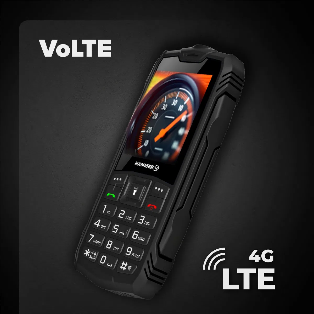 Hammer H Rock LTE Móvil Irrompible, Batería 3000 mAh, 64 GB, Pantalla IPS 2,4", Teclas Grandes, Botón SOS, Linterna, Radio FM, Bluetooth, USB-C, Dual SIM, IP68/MIL‑STD‑810H, Negro