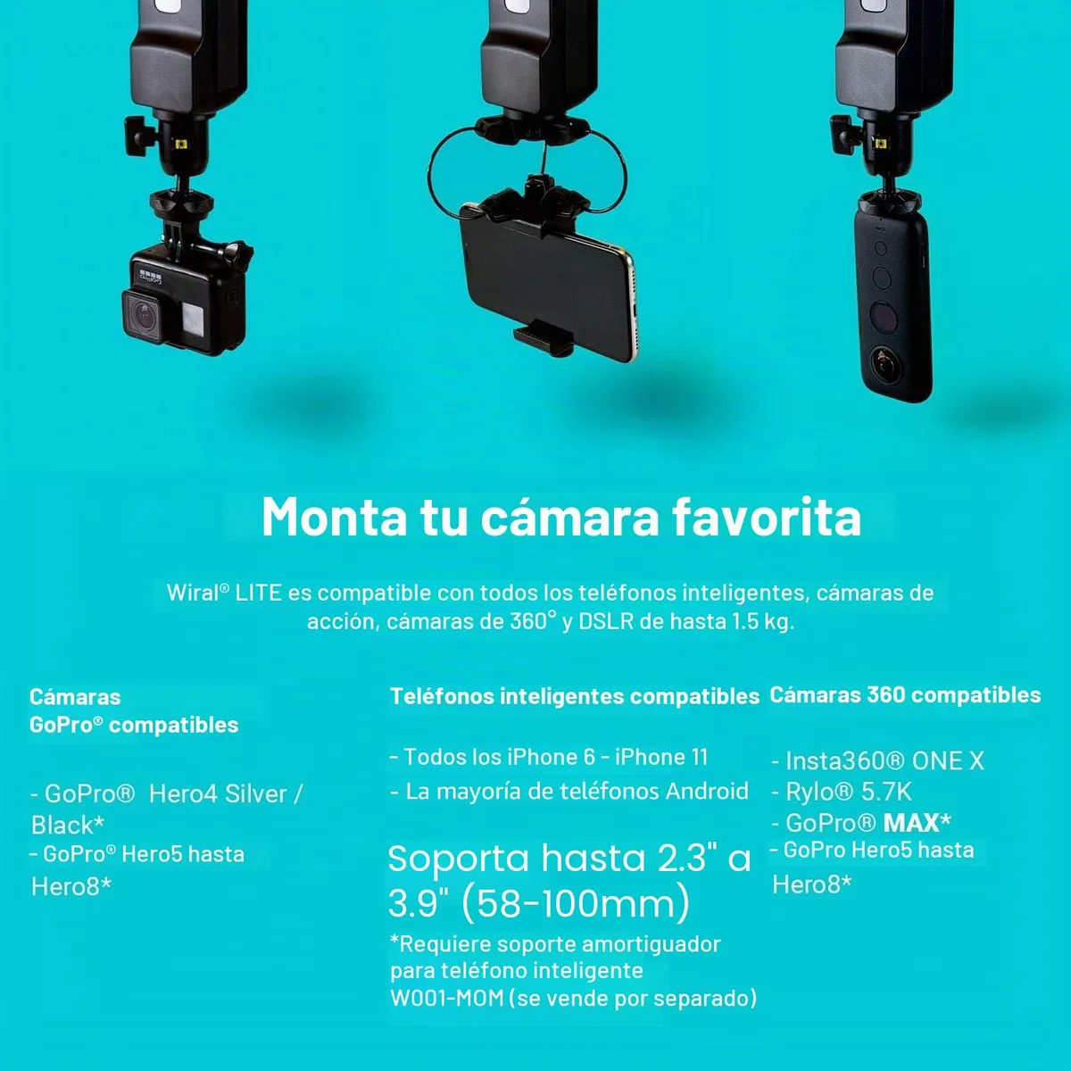 Wiral LITE - Cable y mando a distancia para cámaras de acción, smartphones, cámara 360 o DSLR hasta 3.3 lbs - Incluye estuche de viaje