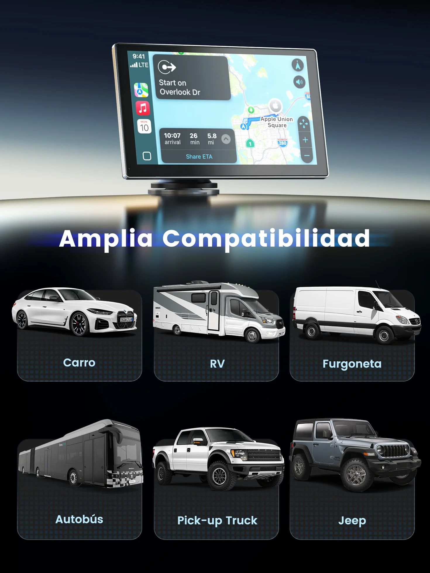 Jzones 9'' Pantalla Carplay Coche, Soporte CarPlay y Android Auto, Dash CAM 4K Integrada y Cámara Trasera 1080P, Navegador GPS/Bluetooth/Control por Voz/Mirror Link/FM, Incluye Tarjeta SD 64GB Gratis