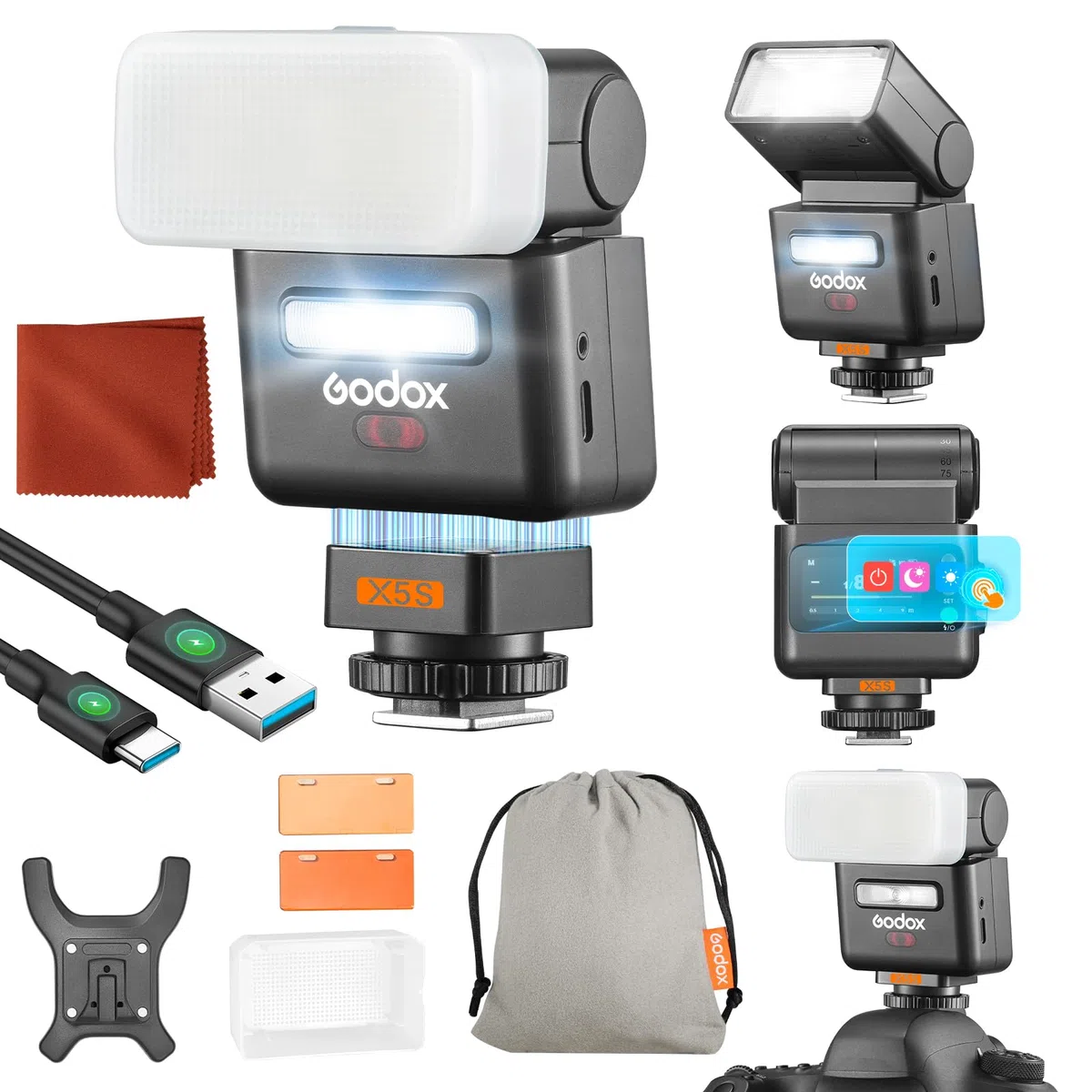 Godox IT32 GN18 Flash TTL X5S Disparador para Sony，2-En-1 HSS Sistema X 2.4GHz Pantalla Táctil，Cabeza De Flash Giratoria Lámpara Led De Modelado，Filtro Magnético Difusor Blanco Reflector Integrado
