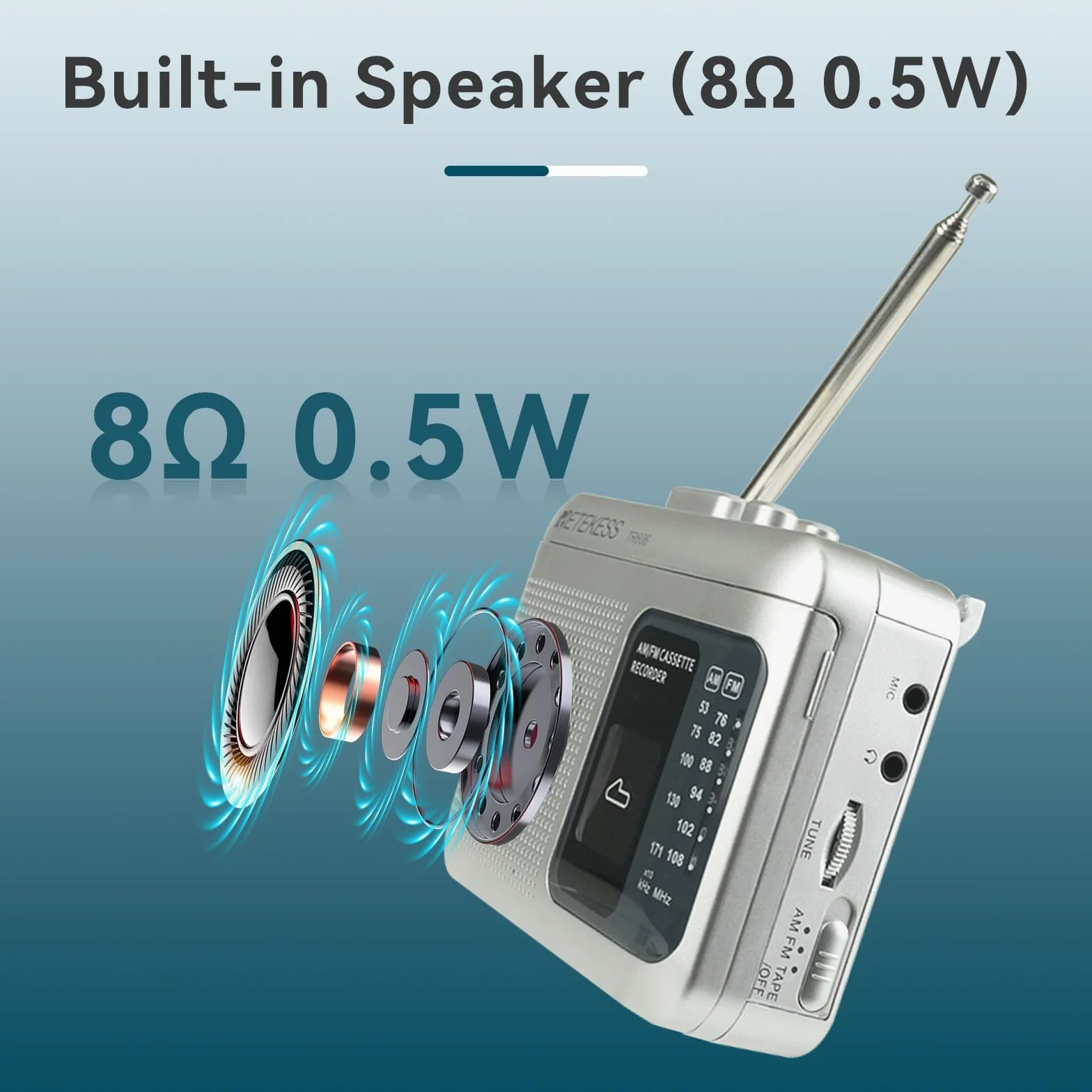 Retekess TR606 Reproductor de Casetes Portátil con Radio FM AM, Jack 3,5 mm, Grabación a Casete y PC, Plata