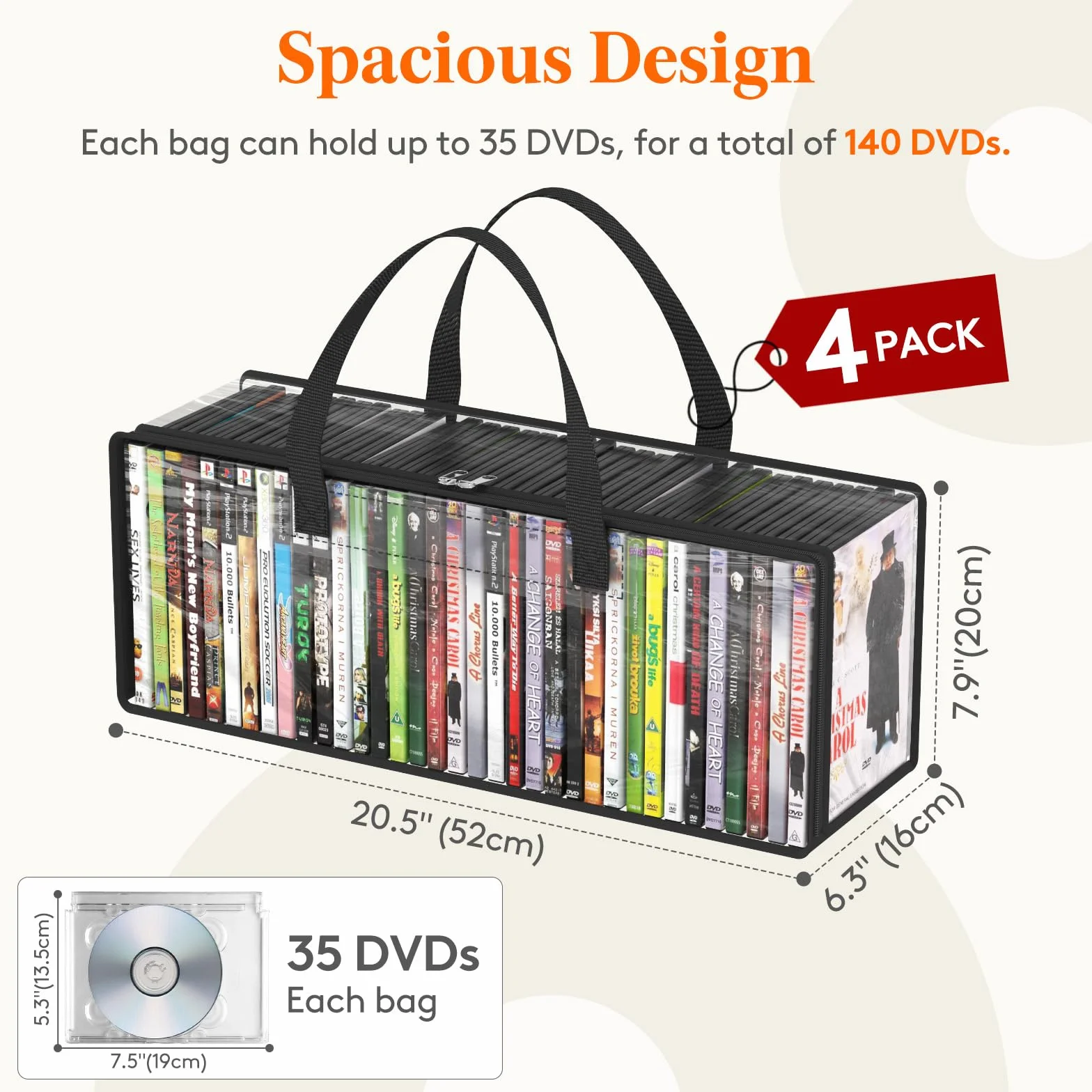 Lifewit Bolsas Almacenaje para DVD, Organizador Transparente de PVC para Blu-ray y Películas, Fundas para VHS y Medios con Asas y Cremallera, Capacidad 140 DVD (35 por Bolsa), 4 Piezas