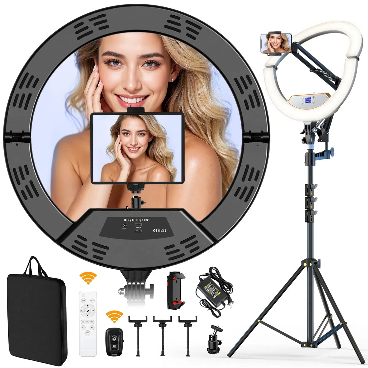 22" Anillo de luz LED Profesional con 75" Trípode,- Kit Completo para Fotografía/Streaming (Soporte Superior, Pantalla LCD, 2 USB, Control Remoto) Compatible con iPhone iPad Cámaras DSLR