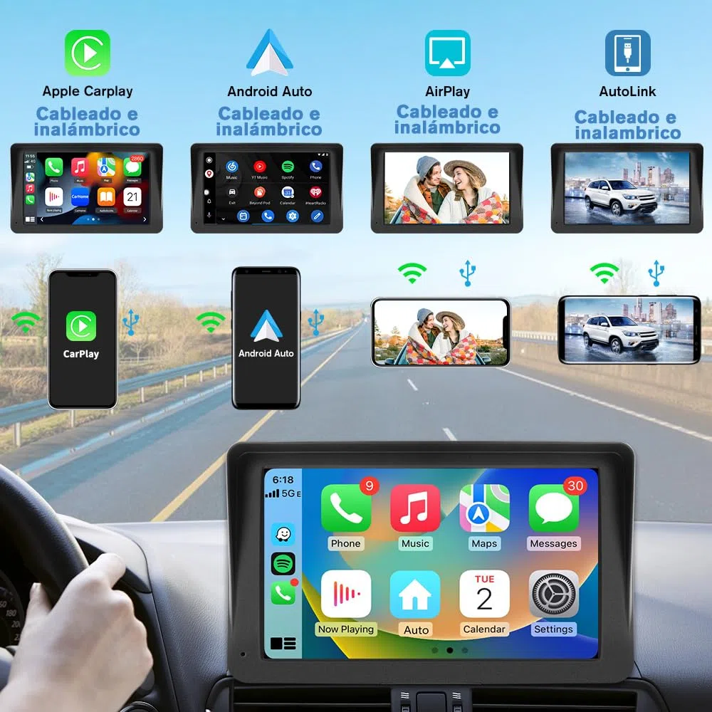 AWESAFE 7”Pantalla de Coche CarPlay/Android Auto/MirrorLink Inalámbrico para Coche, Reproductor de Coche Pantalla Tactíl Admite Bluetooth/SIRI/Asistencia de Voz/Sin Instalación