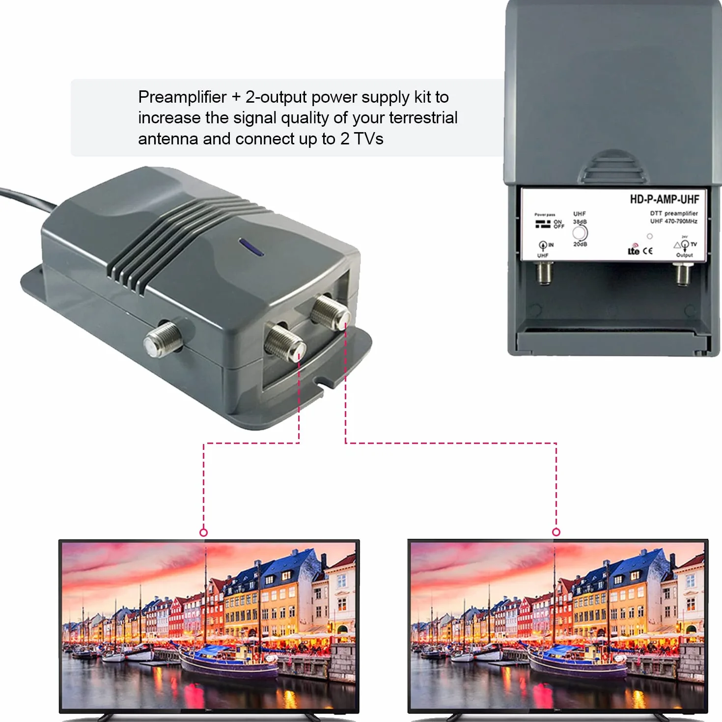 LEYF Amplificador + Alimentación 2 salidas TV para antena terrestre TNT/preamplificador HDTV amplificador para TDT HD Señal/Ganancia Ajustable 15-38dB