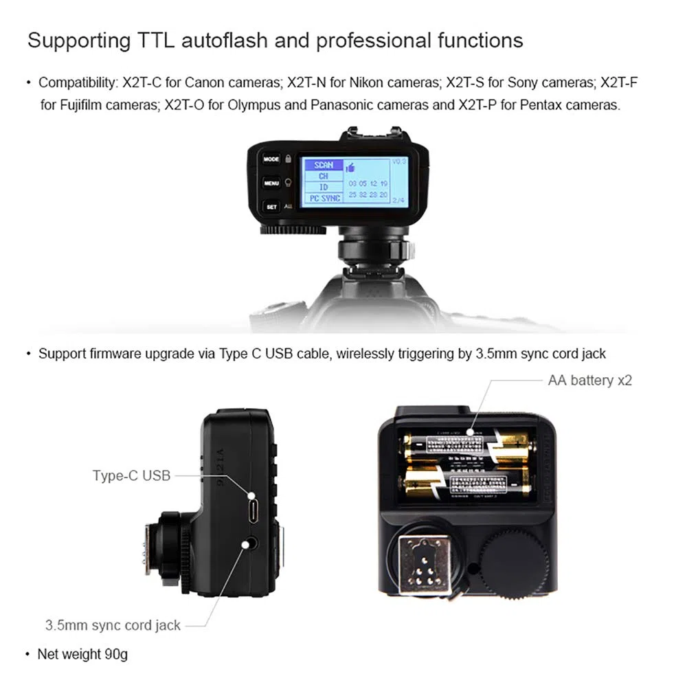 Godox X2T-F 2.4G Wireless Flash Trigger Transmisor para Fuji con TTL II HSS 1 / 8000s Grupo Función LED Panel de Control actualización firmware
