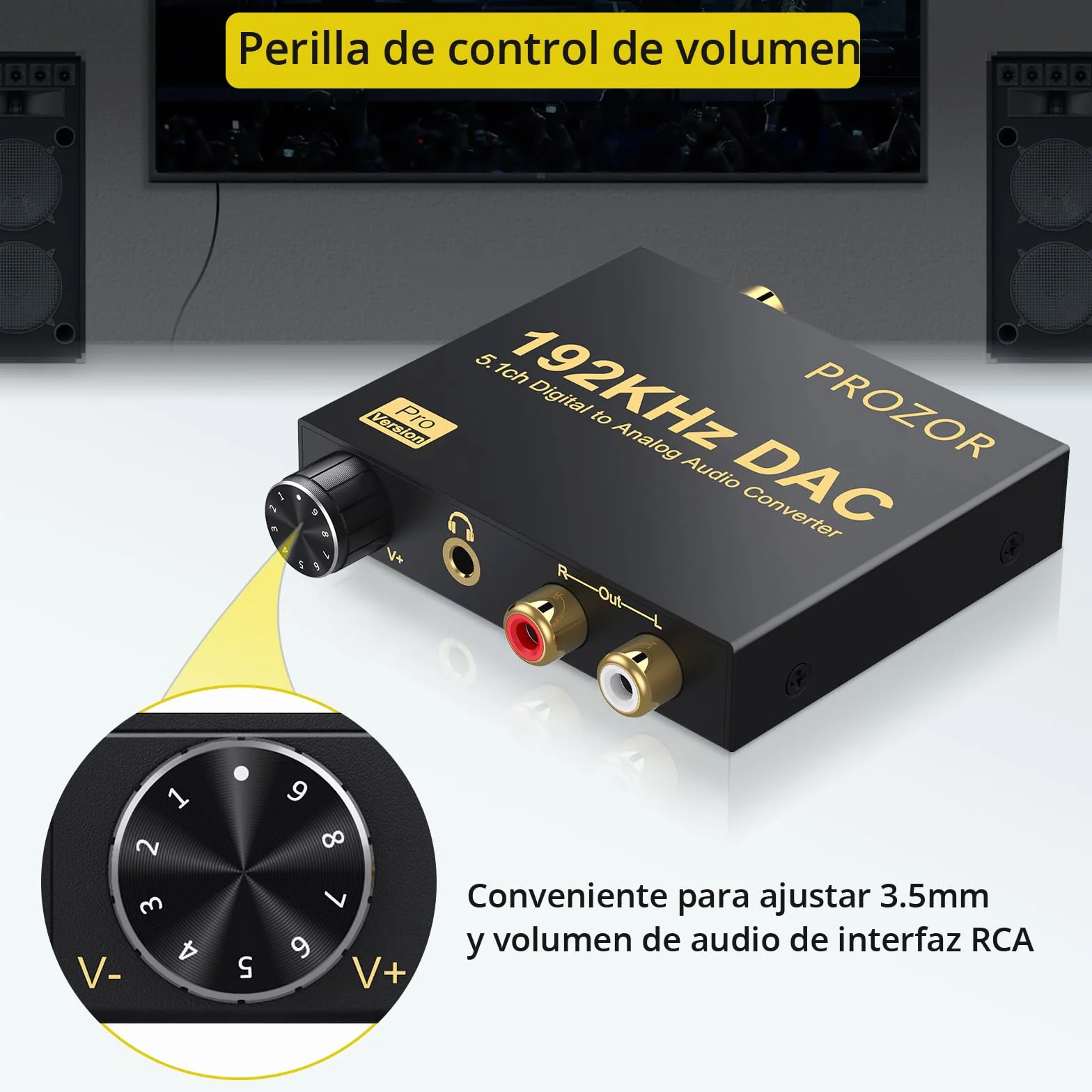 PROZOR Convertidor DAC 192kHz 5.1CH Óptico a RCA con Volumen Ajustable Toslink a RCA Analógico L/R para HDTV Blu-ray DVD PS3