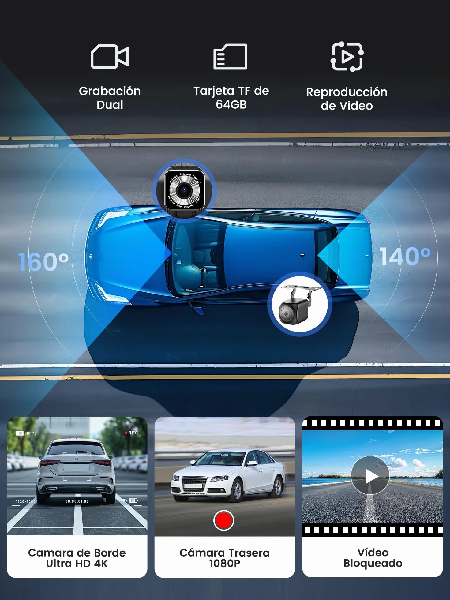 Jzones 9'' Pantalla Carplay Coche, Soporte CarPlay y Android Auto, Dash CAM 4K Integrada y Cámara Trasera 1080P, Navegador GPS/Bluetooth/Control por Voz/Mirror Link/FM, Incluye Tarjeta SD 64GB Gratis
