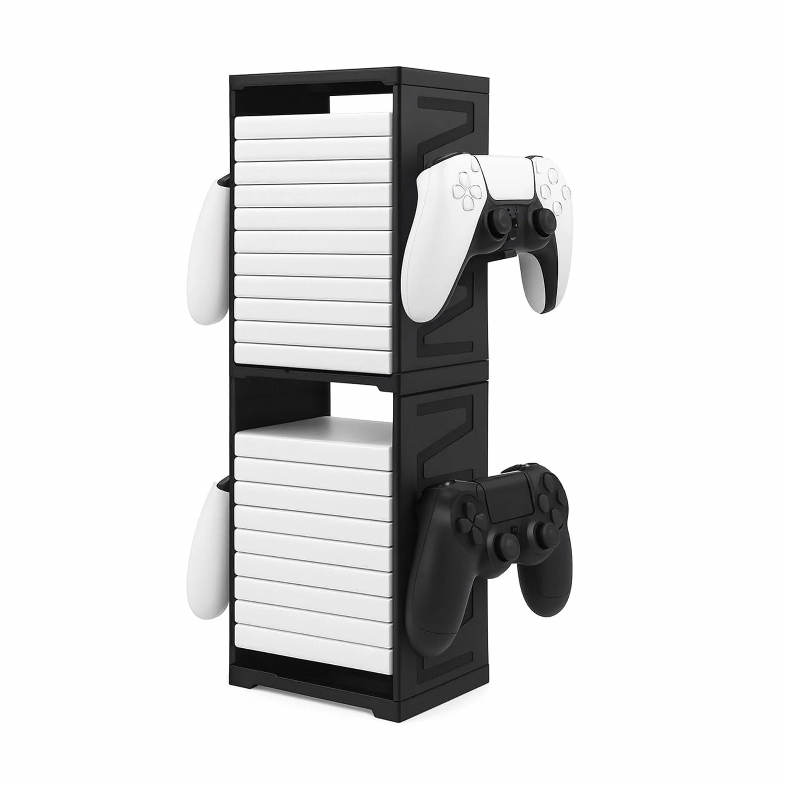 Soporte de torre de almacenamiento de juegos para PS5, PS4, Xbox Series X/S, Xbox One, Switch y discos Blu-Ray, organizador de 24 discos con controlador y ganchos para auriculares, ahorro de