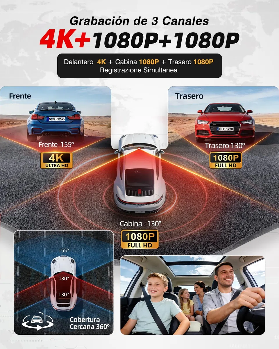 Dashcam 3 Canales STARVIS 2 y HDR - Dashcam Cámara Coche 4K Frontal, Camara vigilancia Coche 1080P Interior y Trasero,WiFi 6,GPS,G-Sensor,vigilancia del estacionamiento Las 24 Horas, Tarjeta de 64GB
