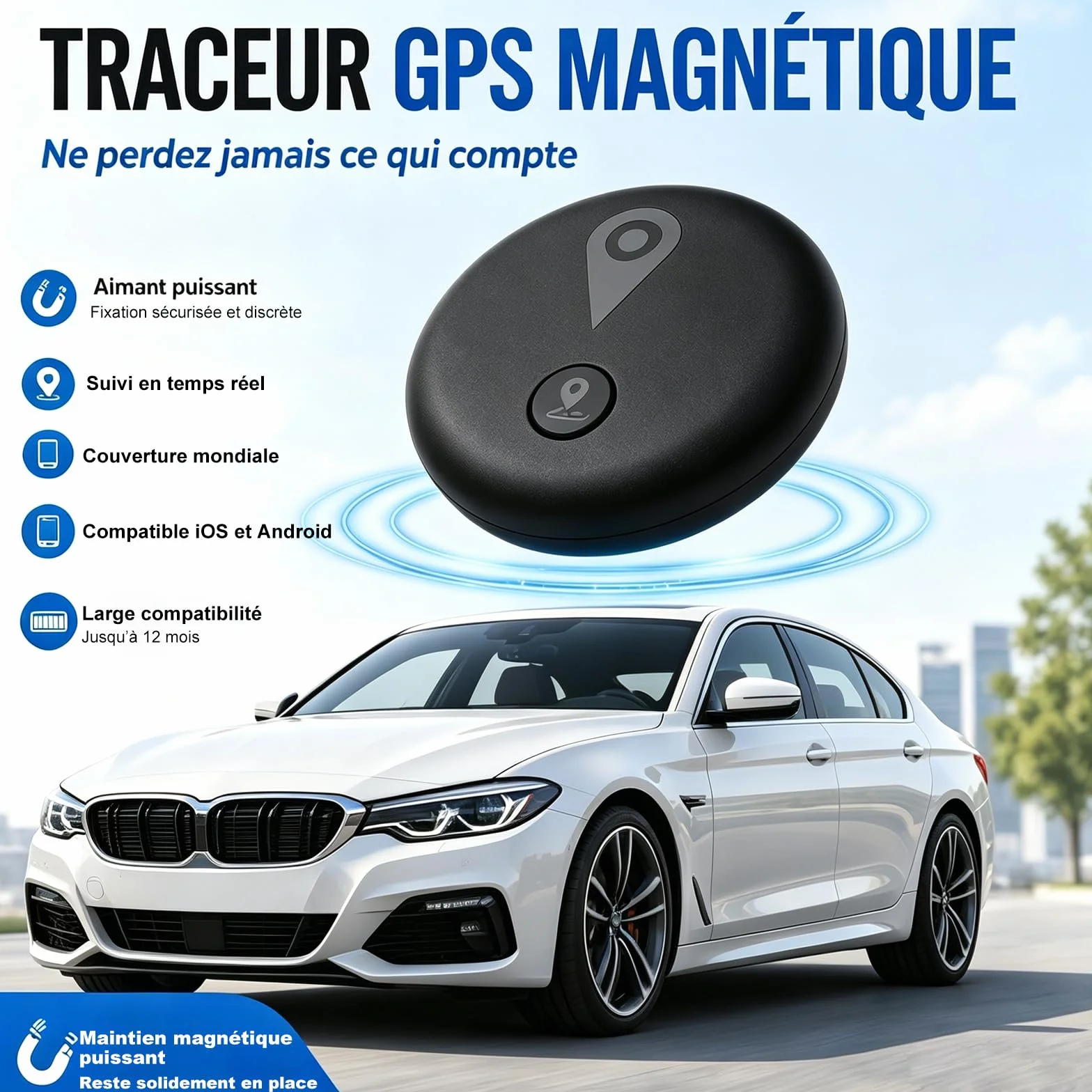 GPS Coche Localizador,2026 Nuevo Magnética Localizador Oculto Rastreador(Compatible con Android e iOS) sin suscripción/Sims eguimiento en Tiempo Real para Vehículos/Moto/Llaves/Maleta/Niños-