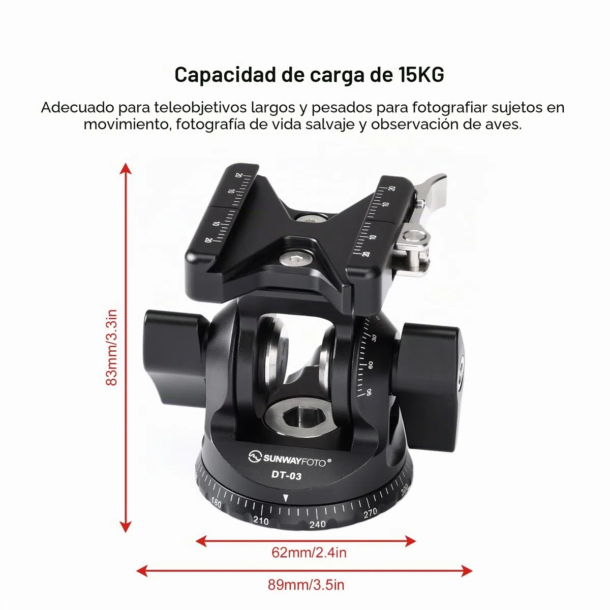 SUNWAYFOTO DT-03 Cabezal de inclinación para monopié y trípode, capacidad de carga de 15 kg