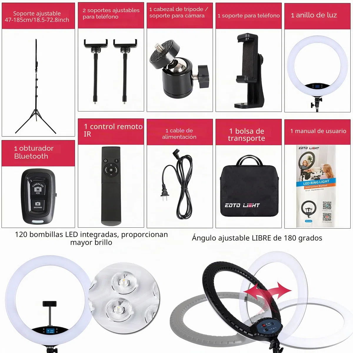 Anillo de luz LED de 19 Pulgadas con Soporte para trípode, Anillo de luz para Selfie, Pantalla táctil LCD, luz para Video Vlog de Retrato de Estudio con Bolsa de Transporte y Control Remoto, CRI>97