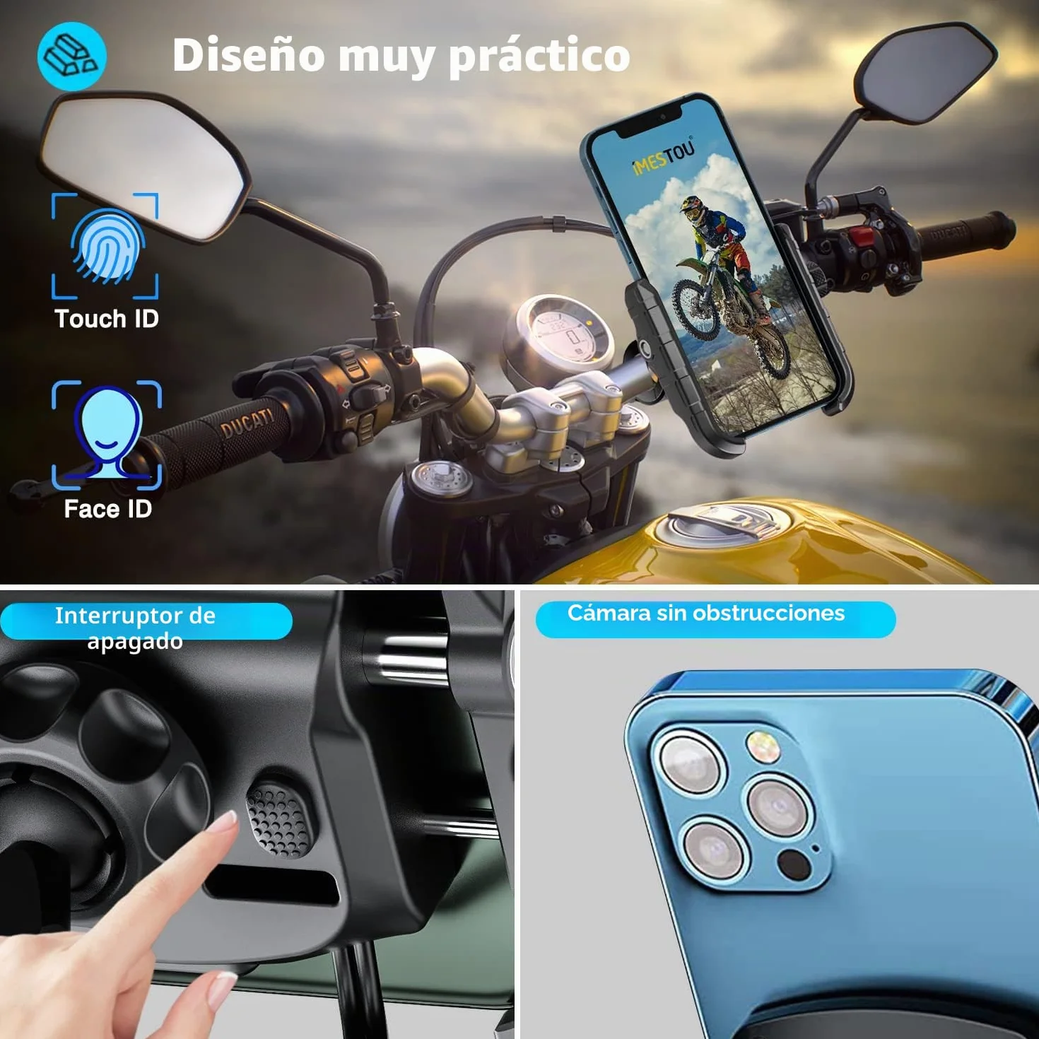iMESTOU Cargador de Soporte para Teléfono de Motocicleta USB con Enchufe para Manillar/Espejo Retrovisor con Soporte para Vehículos de 12/24V Compatible con Smartphones de 4 a 6,8 Pulgadas