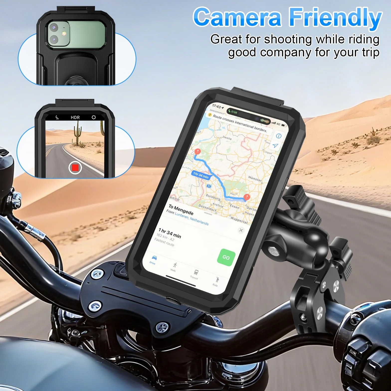 Soporte Móvil Moto Impermeable Porta Teléfono Bicicleta 720º Giratorio Brazo Extensible Metálico 5,5-7,0" Smartphones Negro