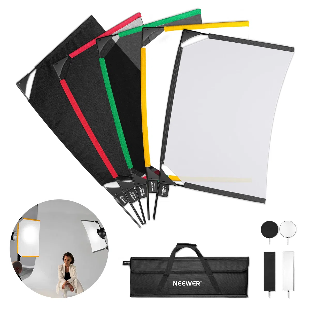 Neewer SF4560F SF4560F - Kit de Bandera Plegable, 45 x 60 cm, 5 en 1, Reflector de iluminación, difusor de luz, modificador de luz, para Efectos Suaves, difusos y de luz, Bolsa de Transporte incluida