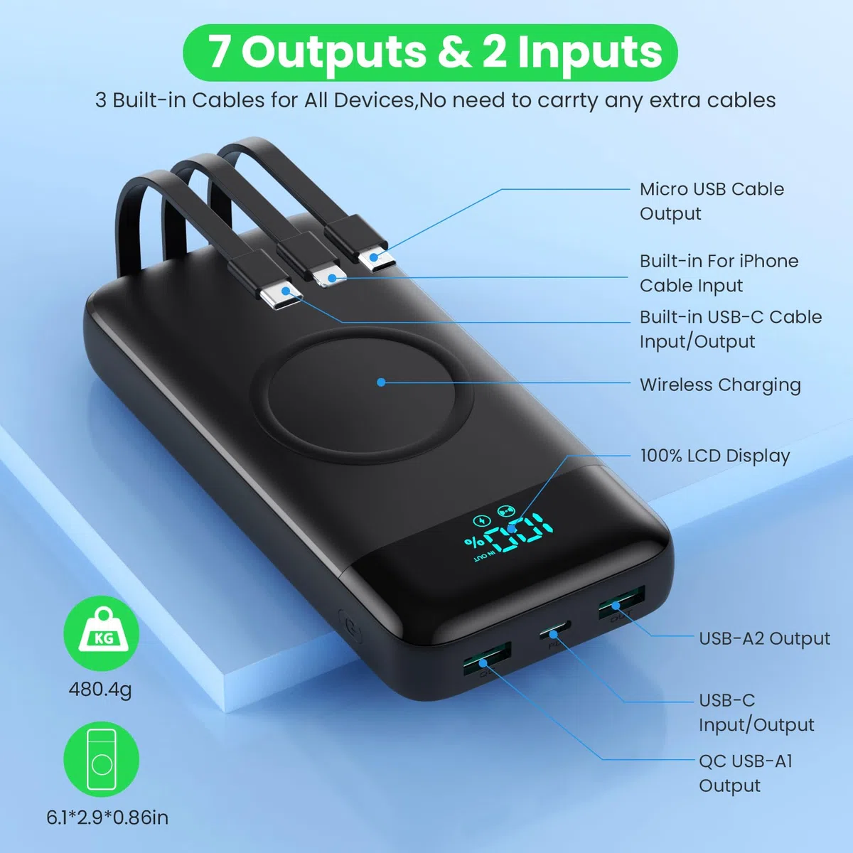 Power Bank Inalámbrico 26800mAh con 3 Cables, 7 en 1 Batería Externa Carga Rápida 25W PD3.0+QC4.0, 6 Puertos Powerbank Cargador Portátil LCD Display Compatible con iPhone17/16/15/14/13Huawei etc-Negro
