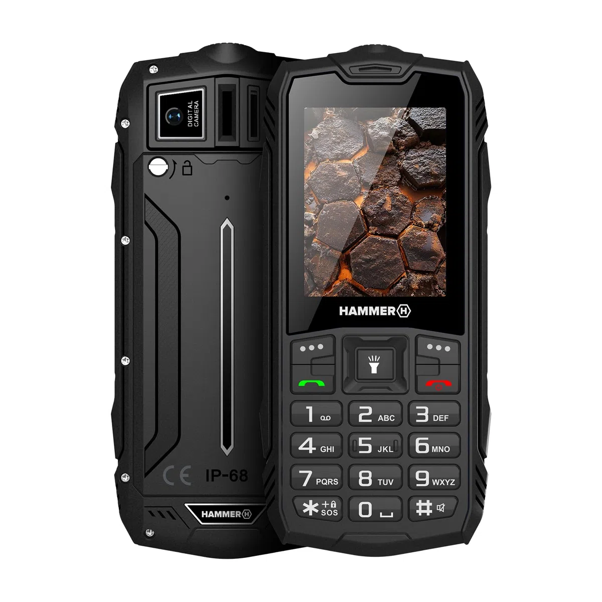 Hammer H Rock LTE Móvil Irrompible, Batería 3000 mAh, 64 GB, Pantalla IPS 2,4", Teclas Grandes, Botón SOS, Linterna, Radio FM, Bluetooth, USB-C, Dual SIM, IP68/MIL‑STD‑810H, Negro