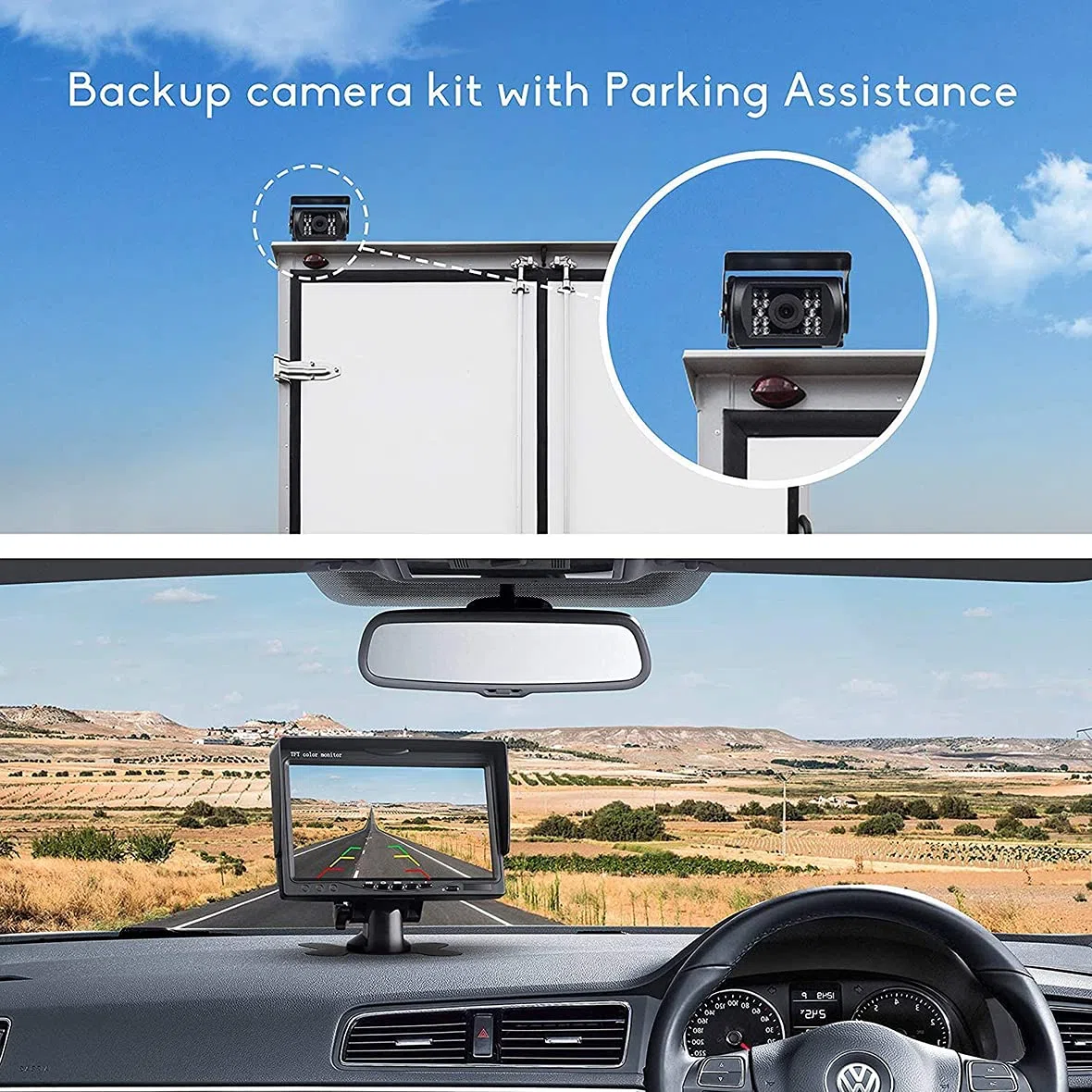 Cámara Trasera de Coche de señal HD, Monitor de 7" y Camara de Marcha Atras Impermeable Visión Nocturna, 170 ° Ajuste Gran Angular para RV Bus Remolque Camión Furgoneta