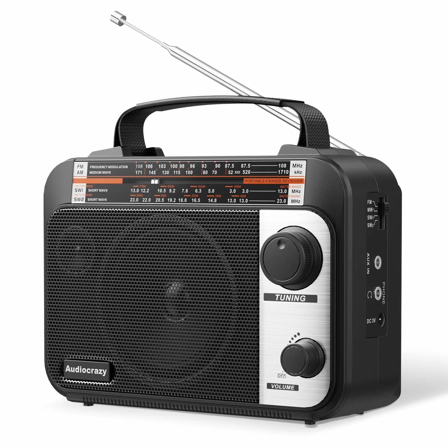 Radio Portátil FM/Am/SW 1-2, con Batería Recargable de 1000 mAh, Cable CA o Pilas, Radio Multibanda de Onda Corta Aux/Entrada para Auriculares,Negro