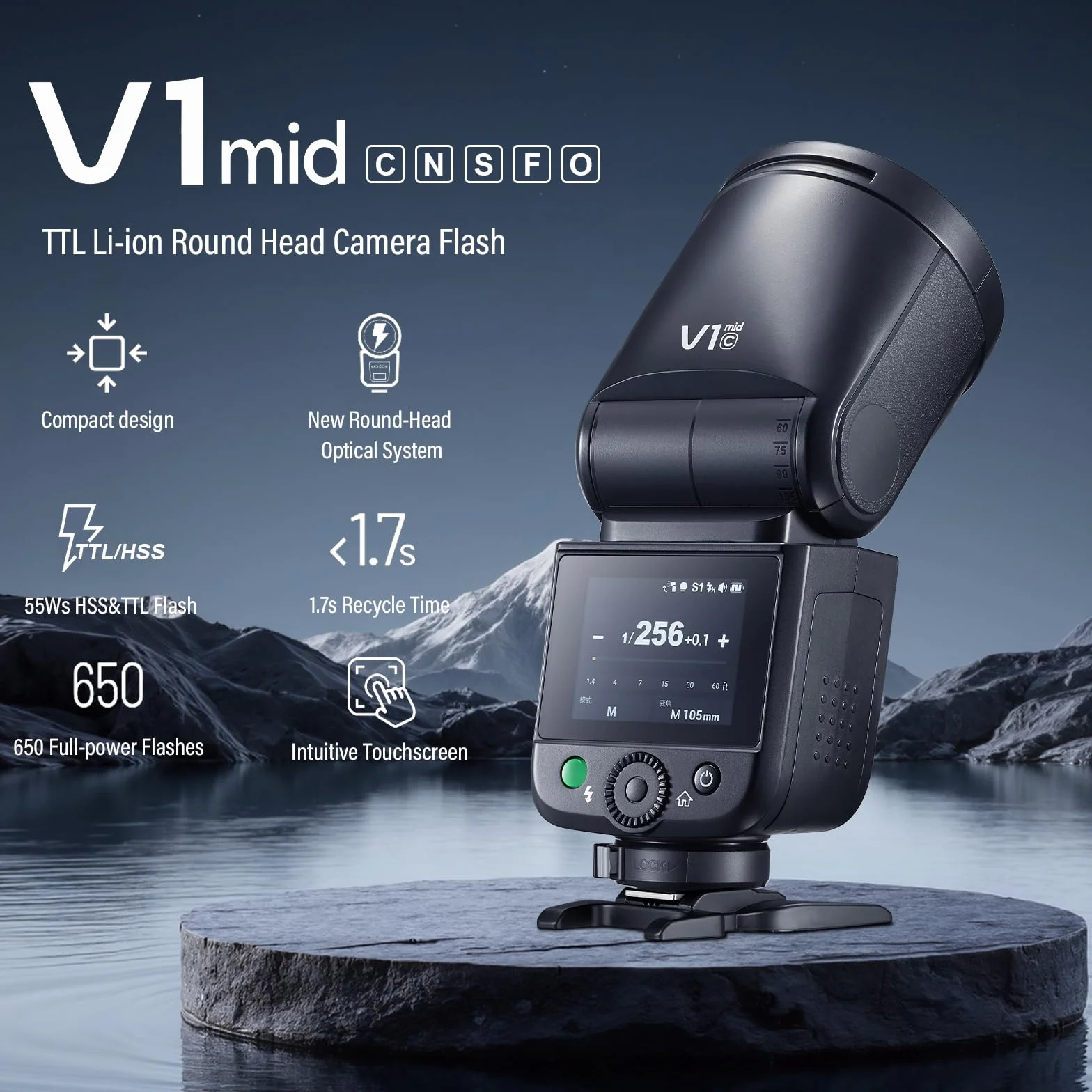 Godox V1 Mid F Flash Speedlite, V1mid-F 55Ws TTL High Speed Cabeza Redonda Speedlight 1,7s Tiempo de carga para fotografía (V1 medio para Fujifilm)