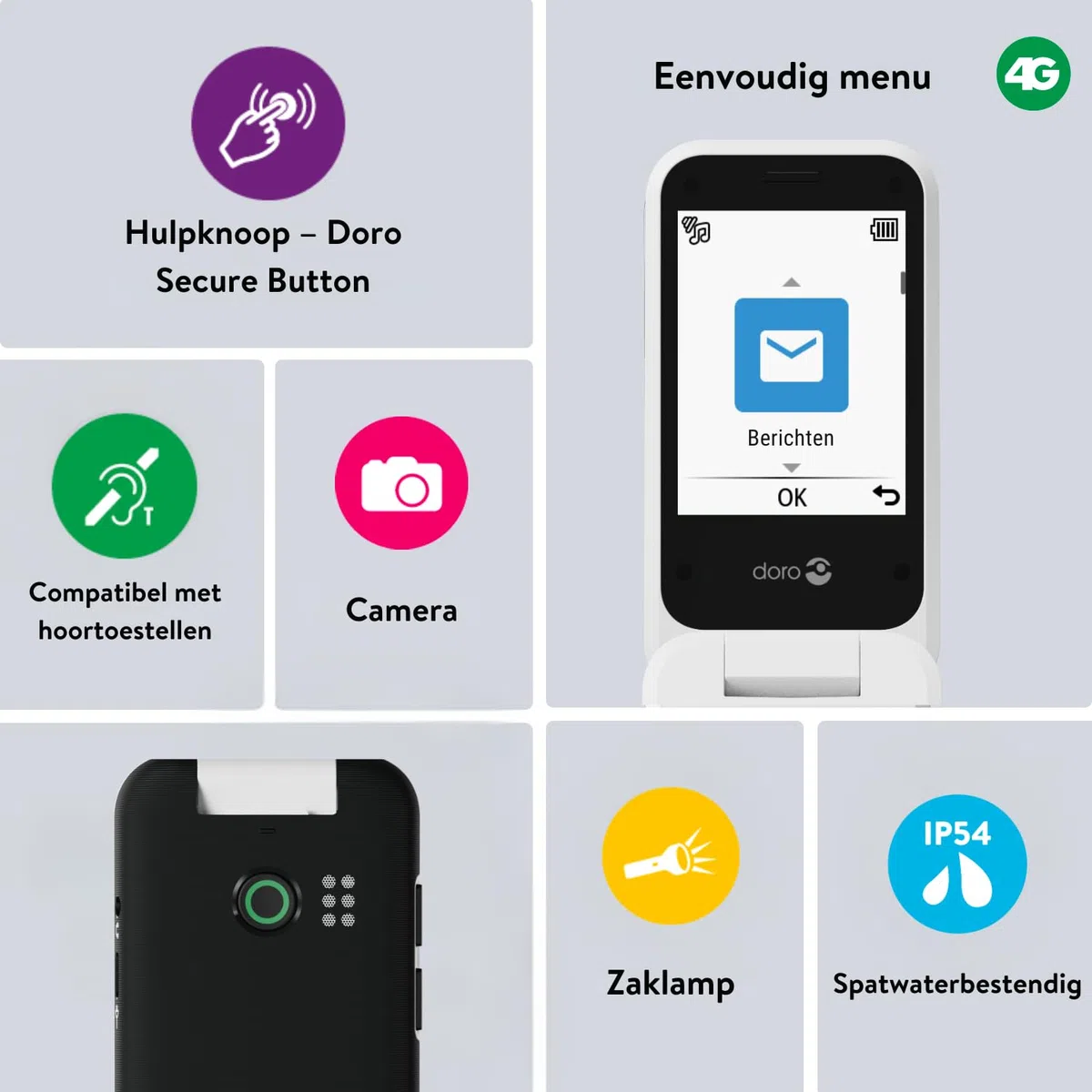 Doro Leva E30 Teléfono Móvil para Mayores 4G, Fácil de Usar, Pantalla 2.8" + Pantalla Externa, Teclas Grandes, Sonido Alto y Claro, Botón SOS, Cámara, Base de Carga, Libre
