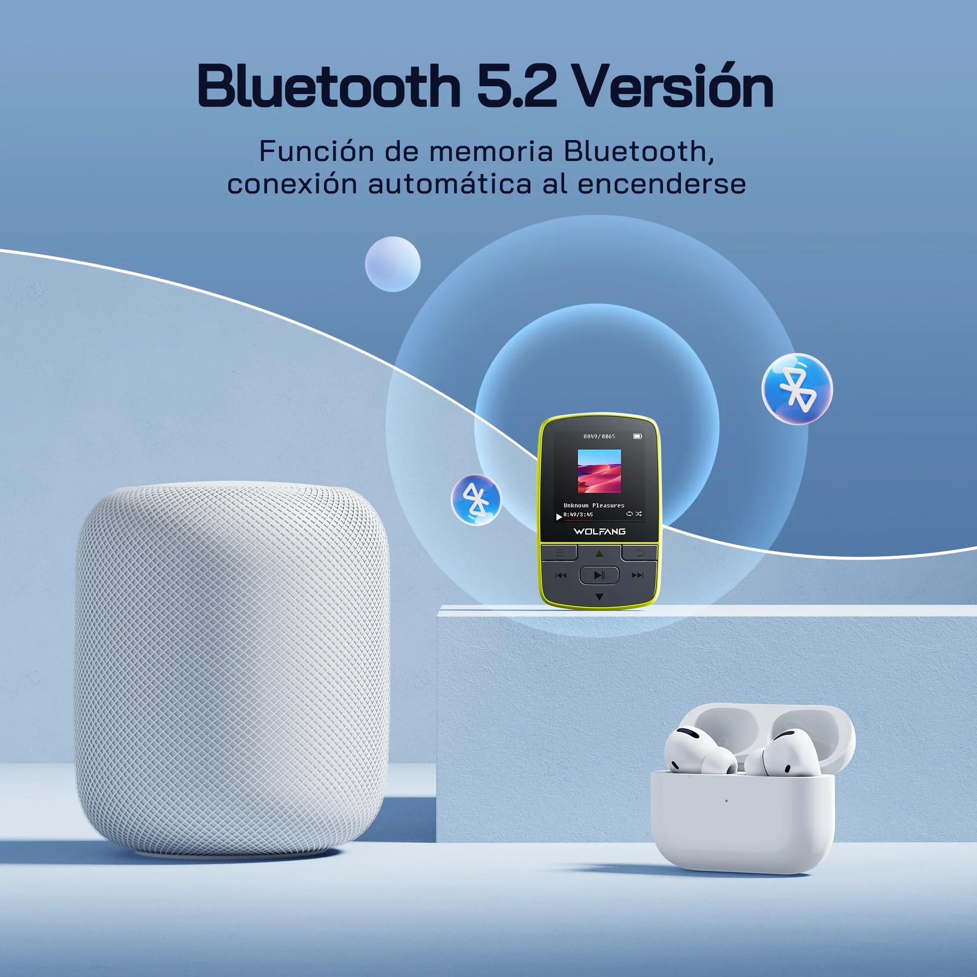 WOLFANG Reproductores de MP3 con Bluetooth 5.2, Clip Deportivo, tamaño Mini, Peso de 1 Onza, Radio FM HiF, grabadora de Voz, Auriculares incluidos, Verde Fluorescente